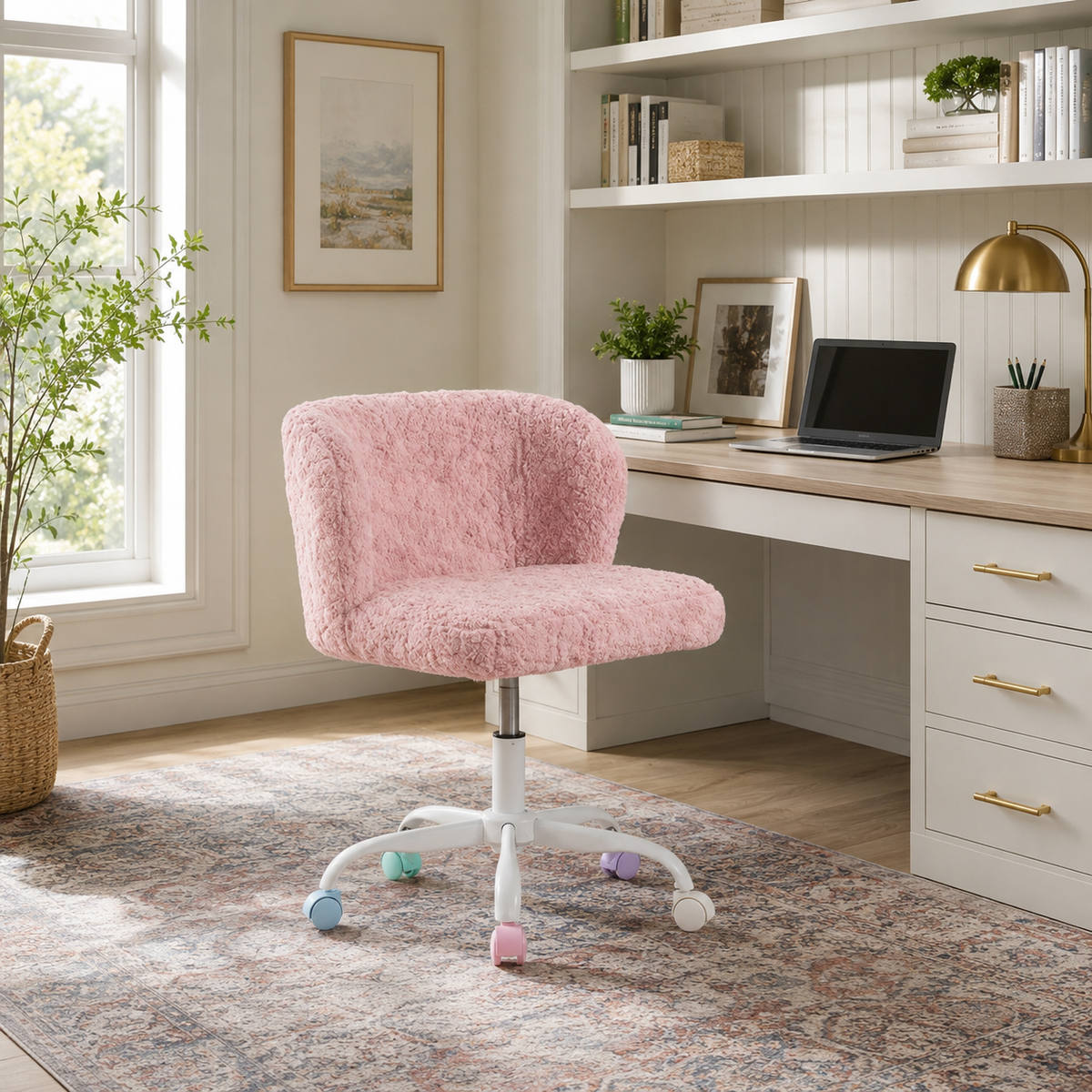 Velin pink faux fur office chair beside a desk in a cozy pastel workspace