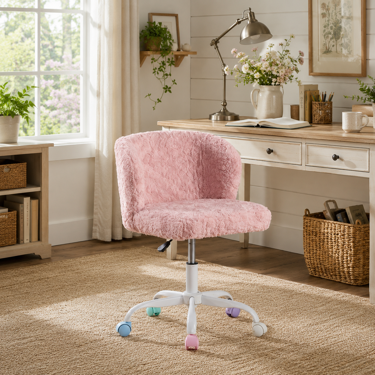 Velin pink swivel office chair in a cheerful bedroom study area