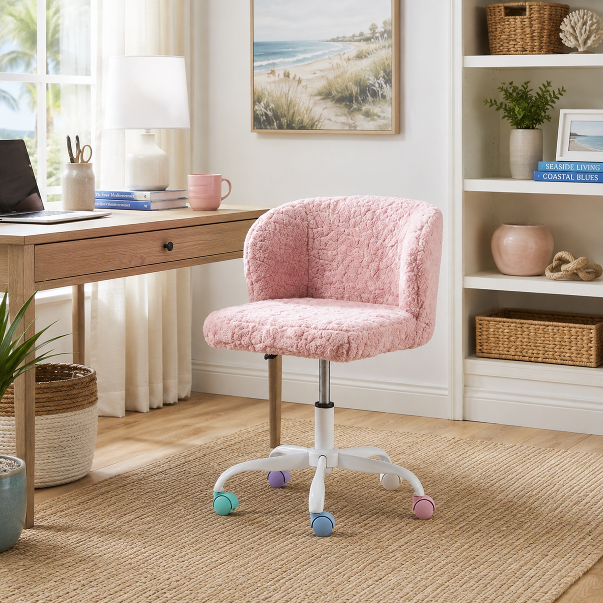 Velin pink faux fur desk chair in a soft-toned room with natural light