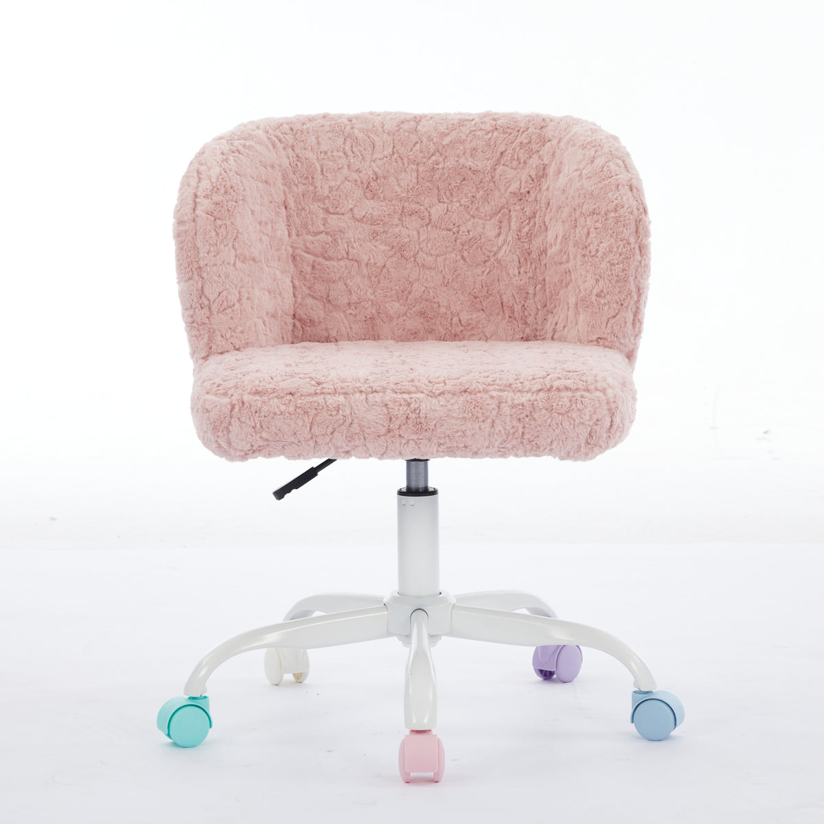 Velin pink faux fur swivel office chair straight front view on white background