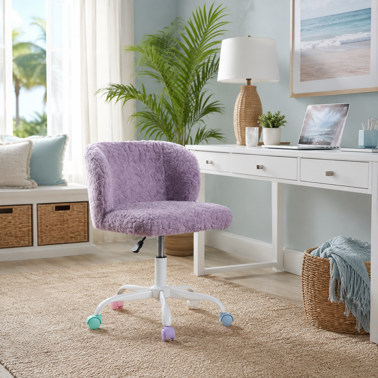Velin purple faux fur swivel office chair with colorful casters in a bright home office