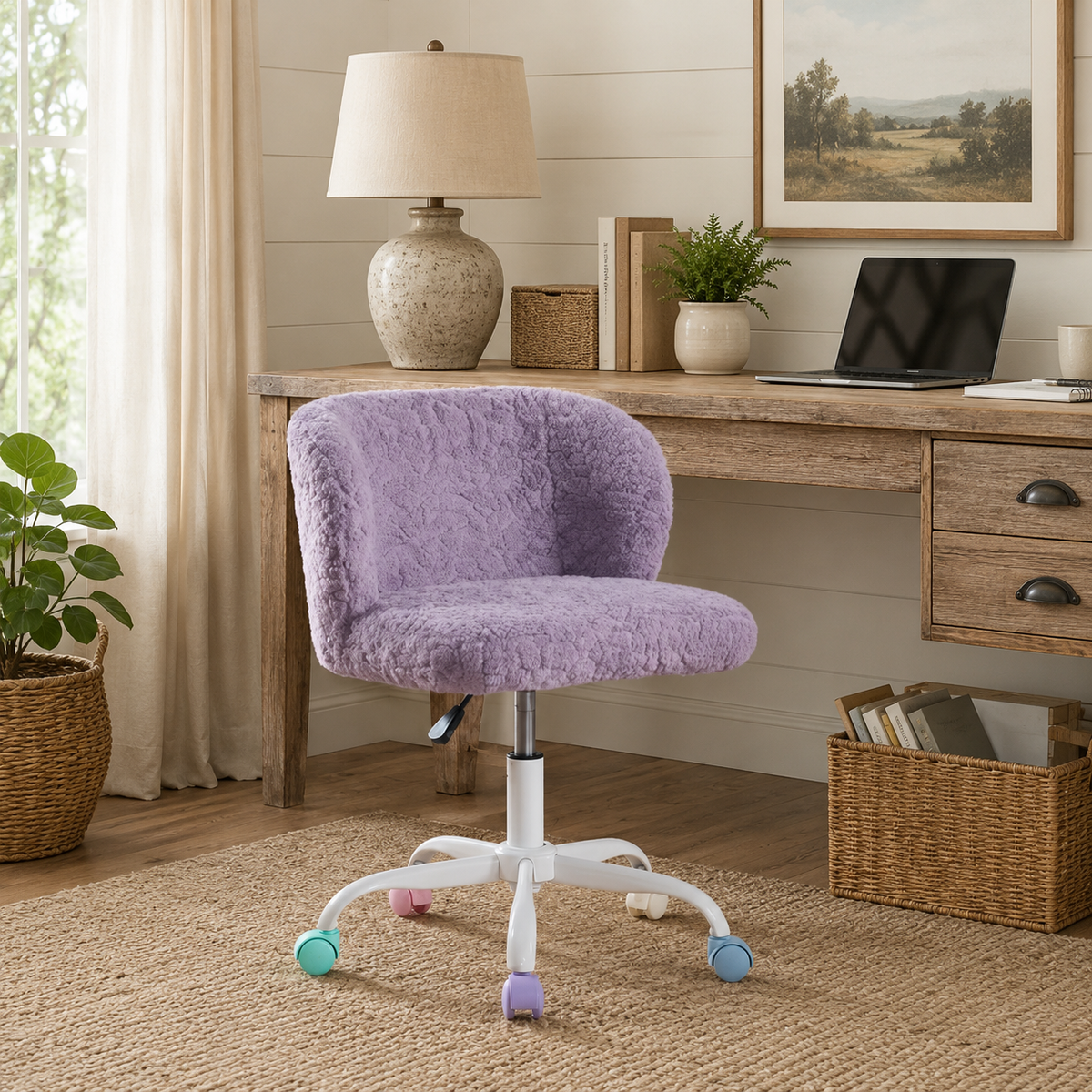Velin purple faux fur office chair beside a desk in a cozy bedroom workspace