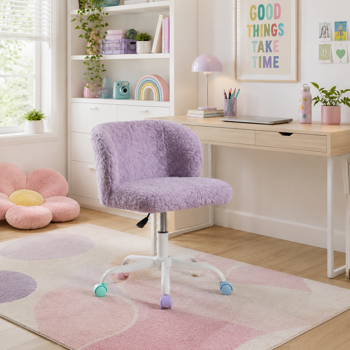 Velin purple swivel office chair in a soft-toned room with pastel decor