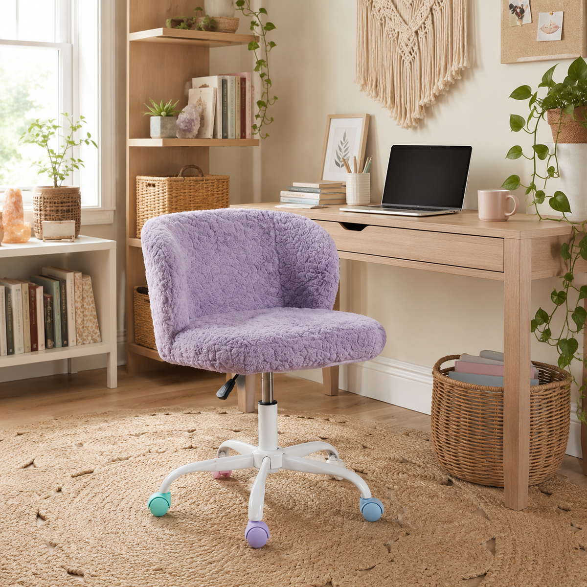Velin purple faux fur desk chair in a cheerful kids study area