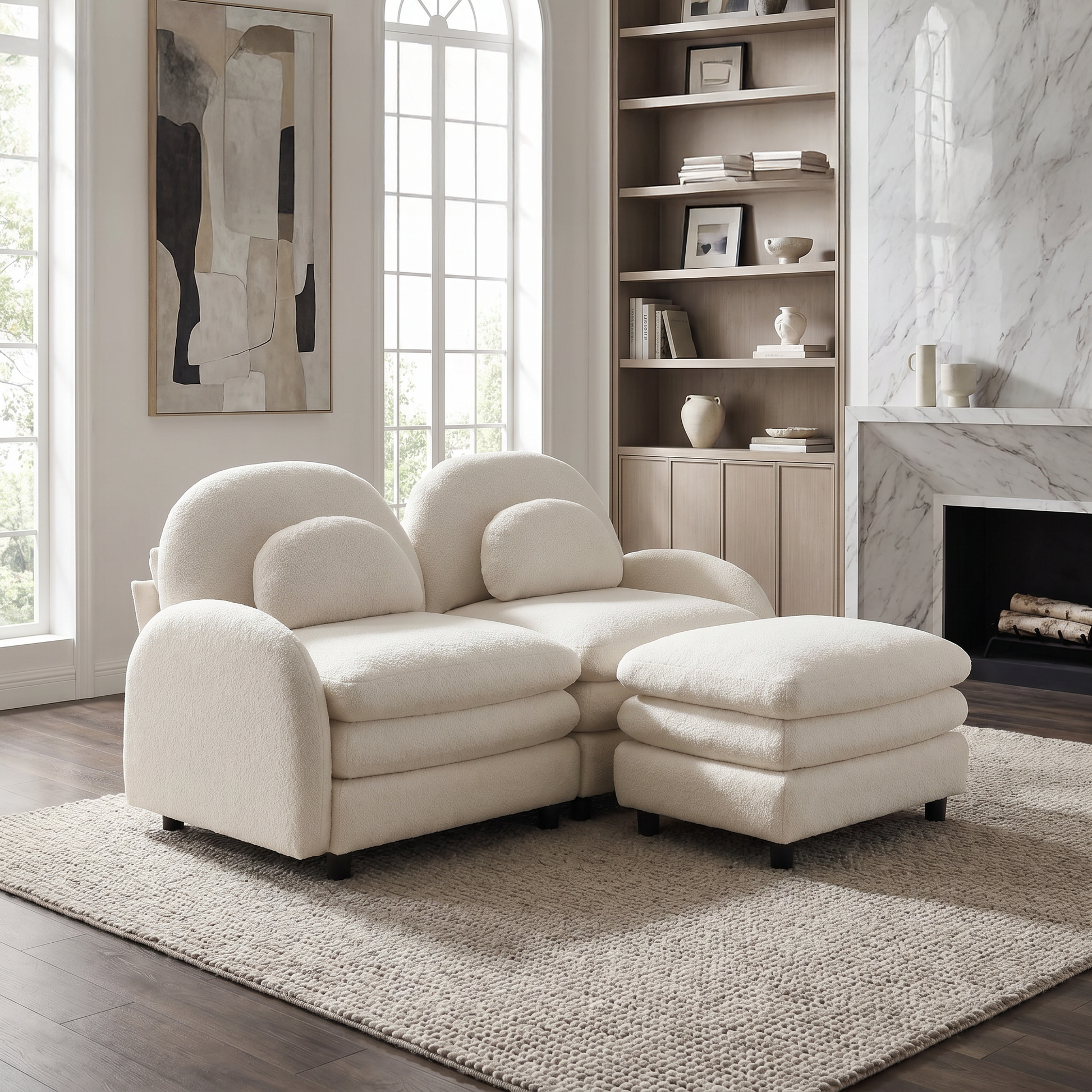 Ventura beige modular sofa in cozy living room with fireplace and open shelving