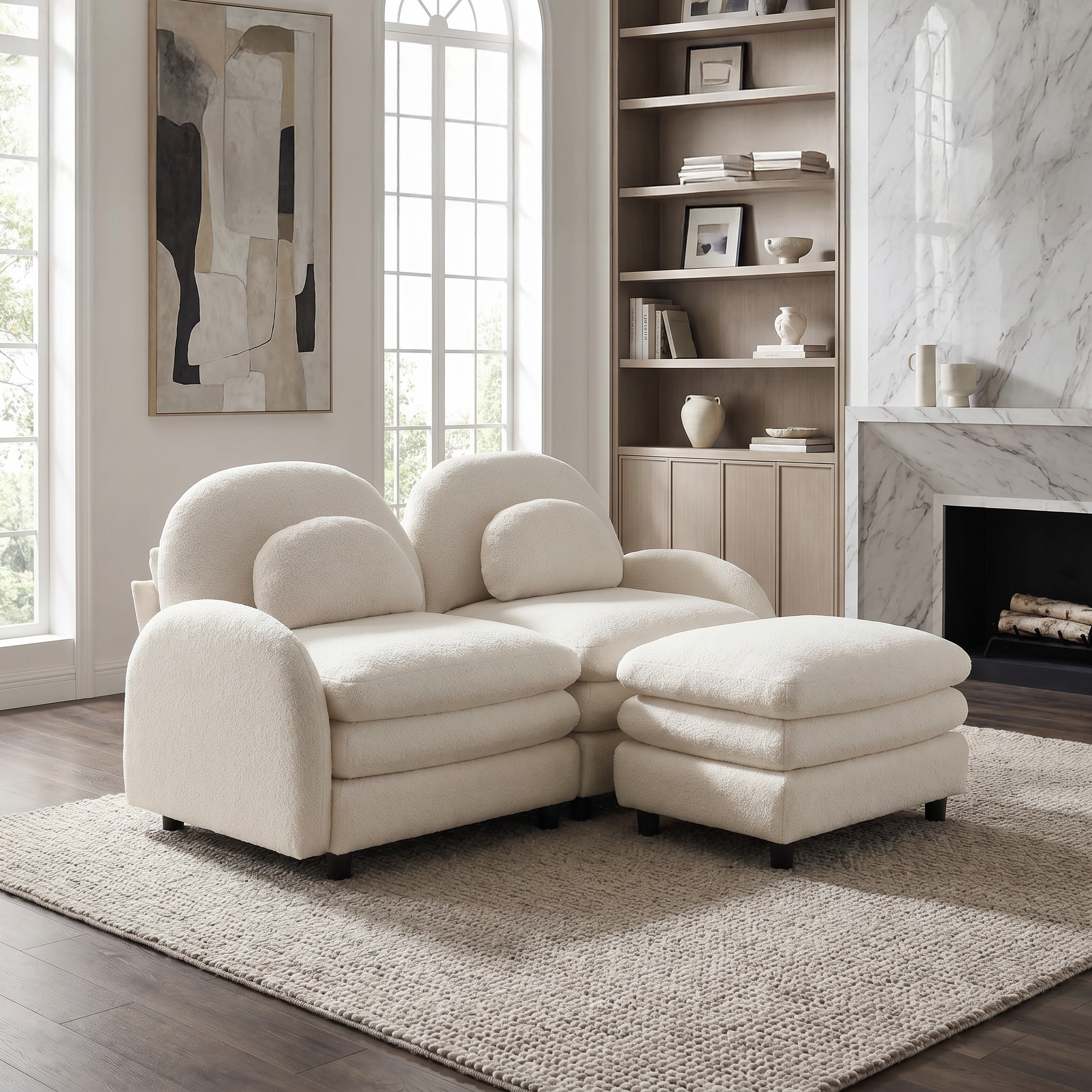 Ventura beige modular sofa in cozy living room with fireplace and open shelving