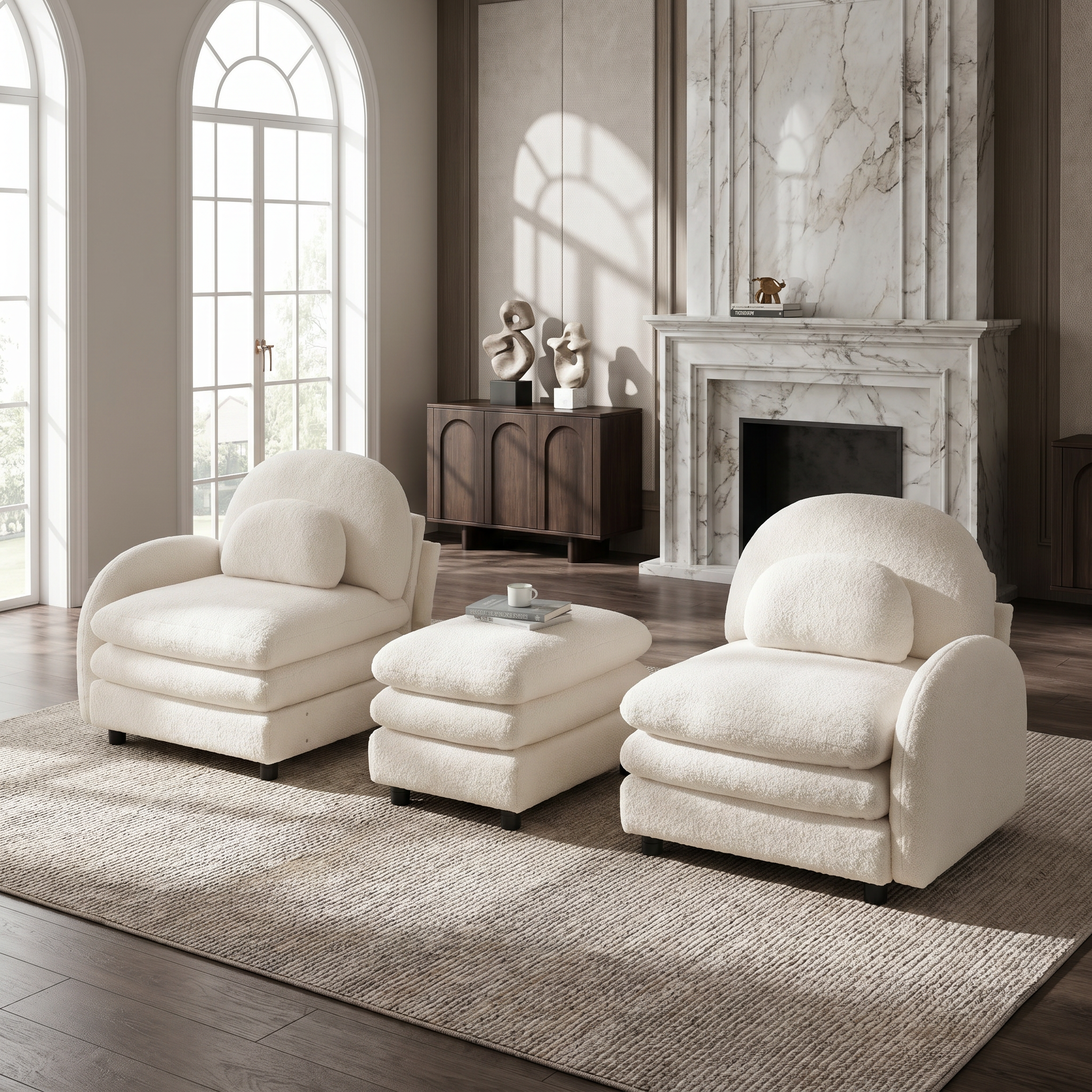 Ventura beige modular sofa in elegant living room with arched windows and marble fireplace