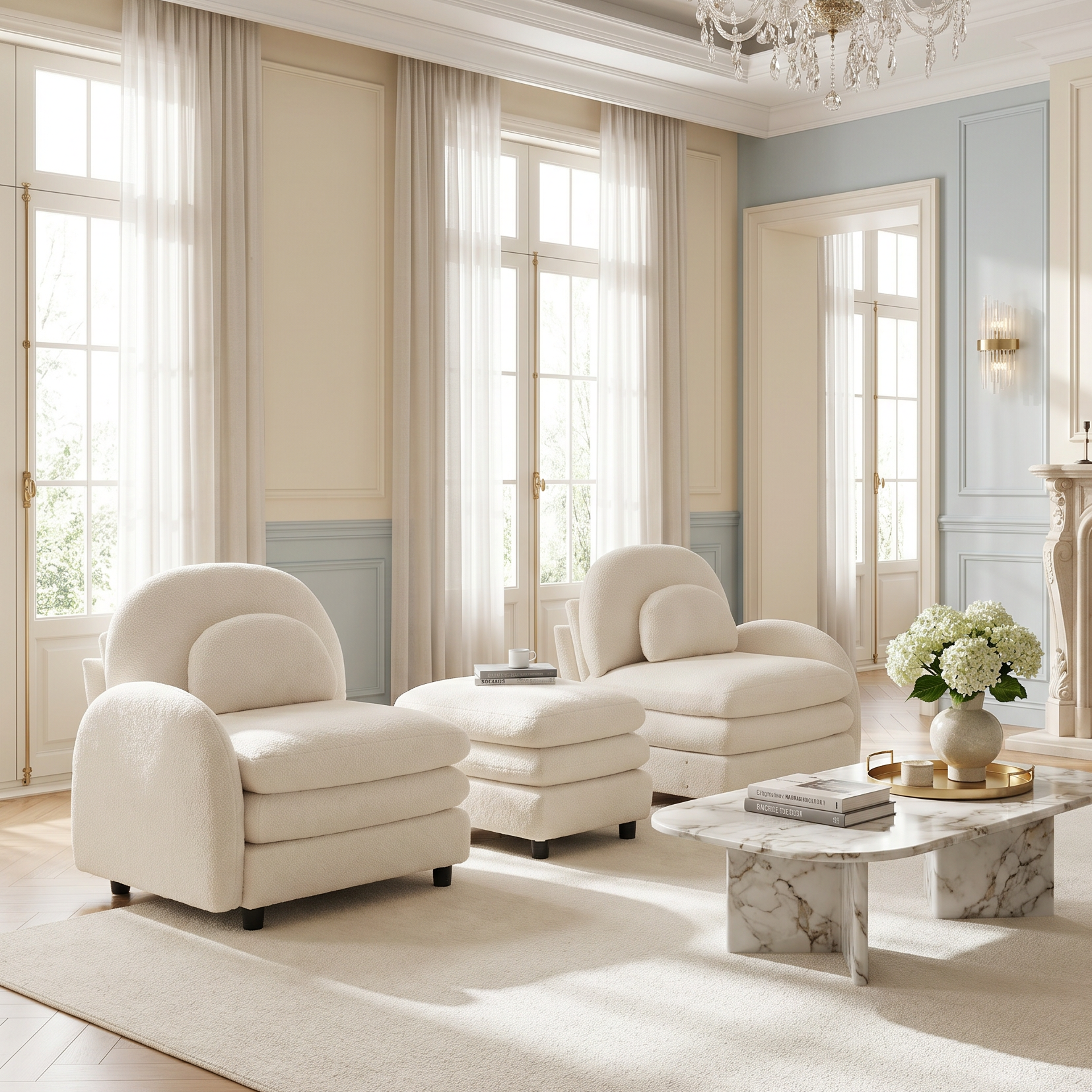 Ventura beige modular sofa in bright living room with tall windows and marble coffee table