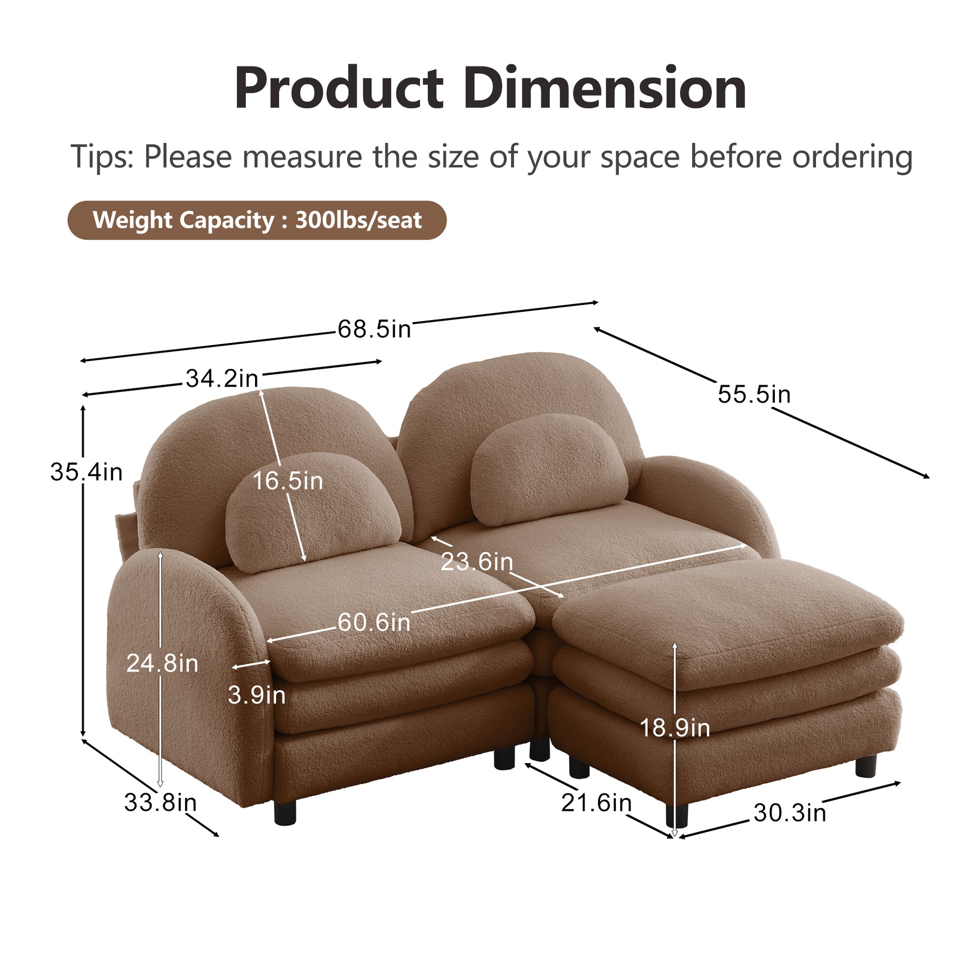 Ventura camel modular sofa showing product dimensions and measurements