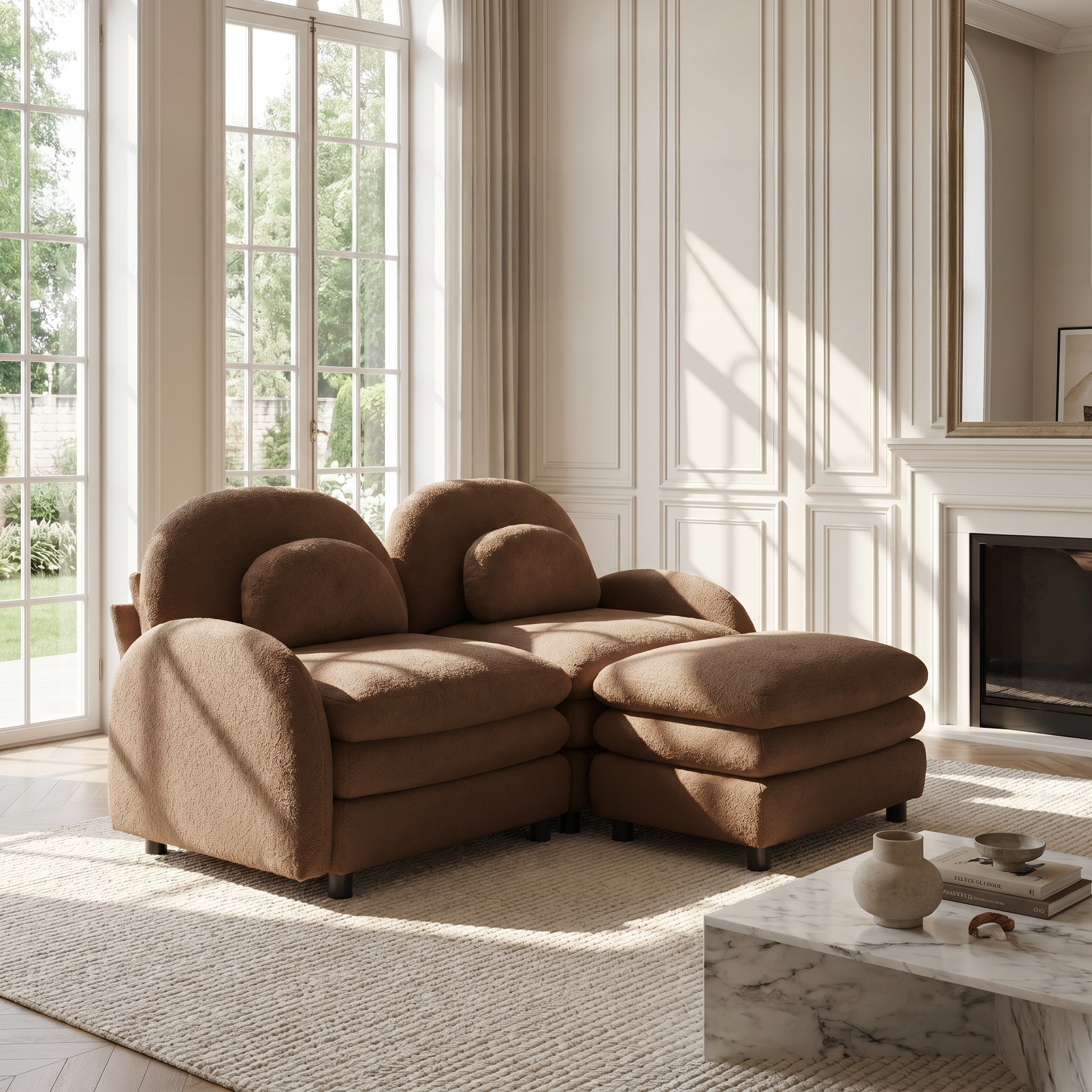 Ventura camel modular sofa in bright living room with tall windows and fireplace