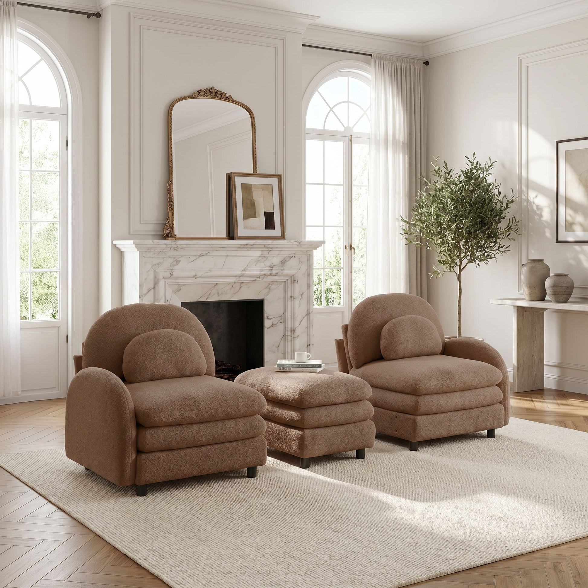 Ventura camel modular sofa in elegant living room with arched windows and marble fireplace