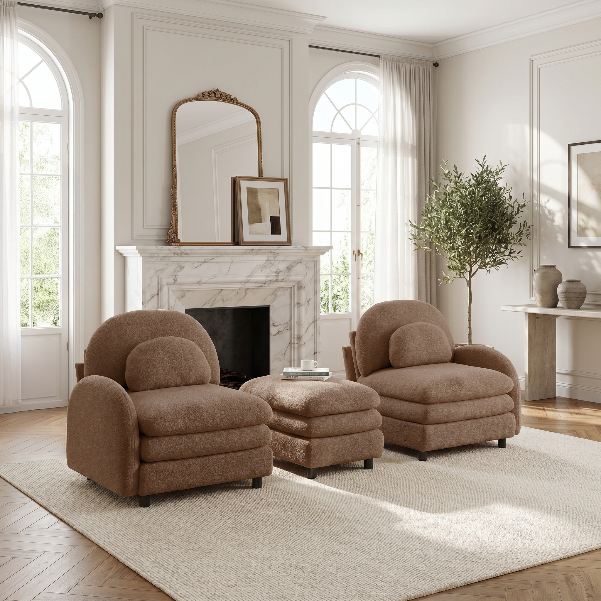 Ventura camel modular sofa in elegant living room with arched windows and marble fireplace