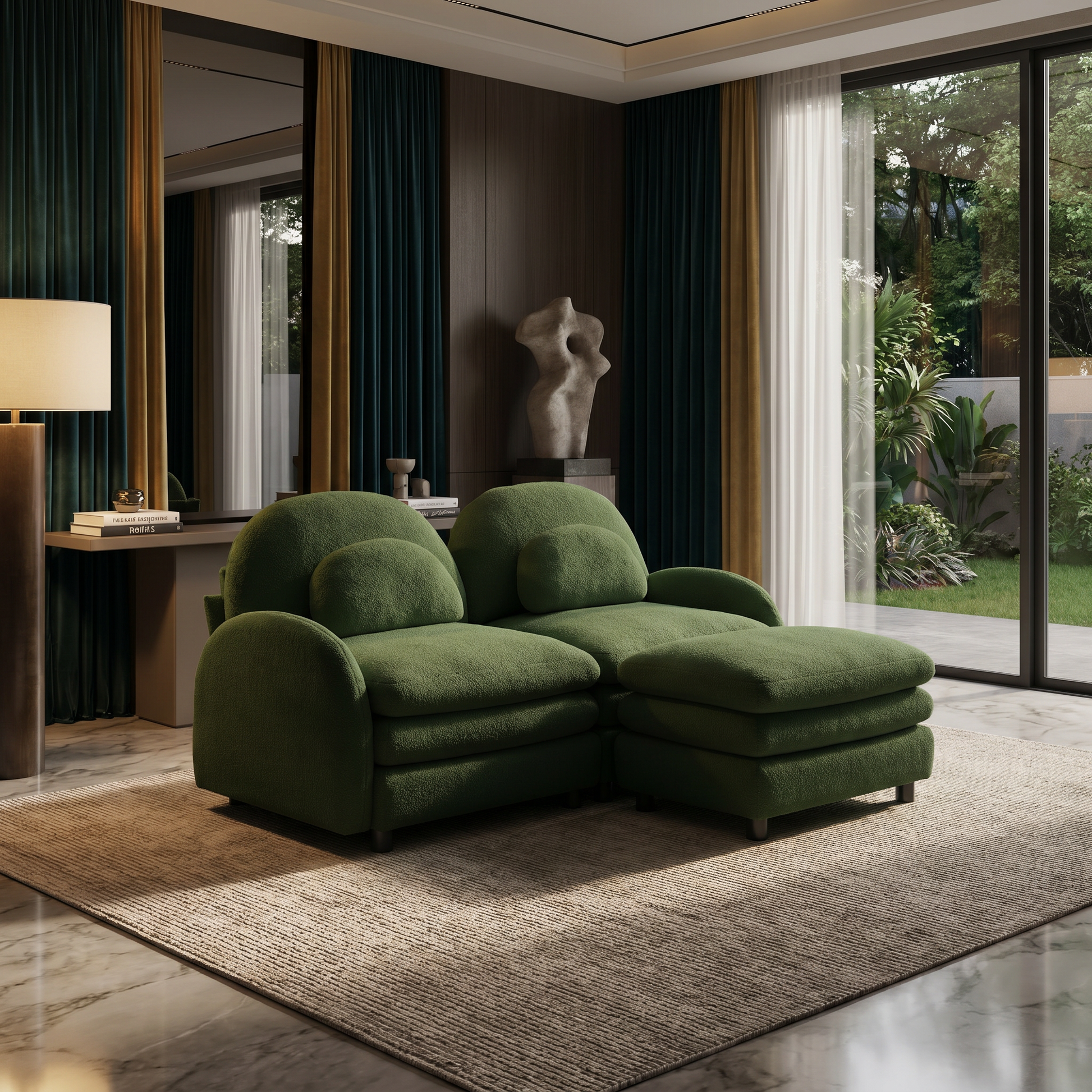 Ventura green modular sofa in modern living room with floor-to-ceiling windows and dark curtains