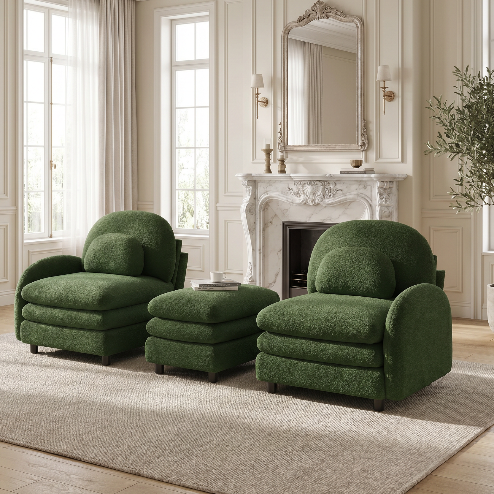 Ventura green modular sofa in elegant living room with marble fireplace and tall windows