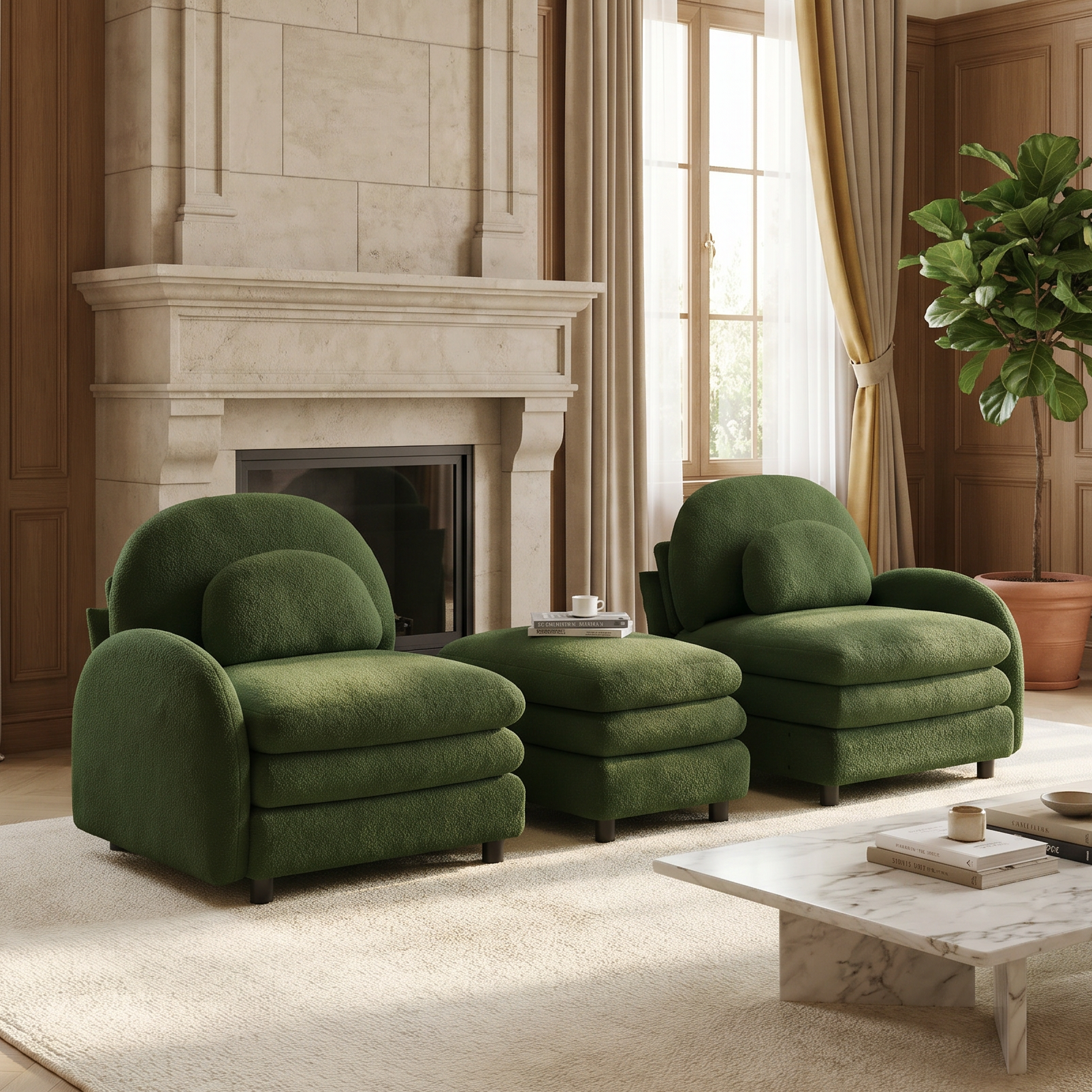 Ventura green modular sofa in warm living room with stone fireplace and natural light