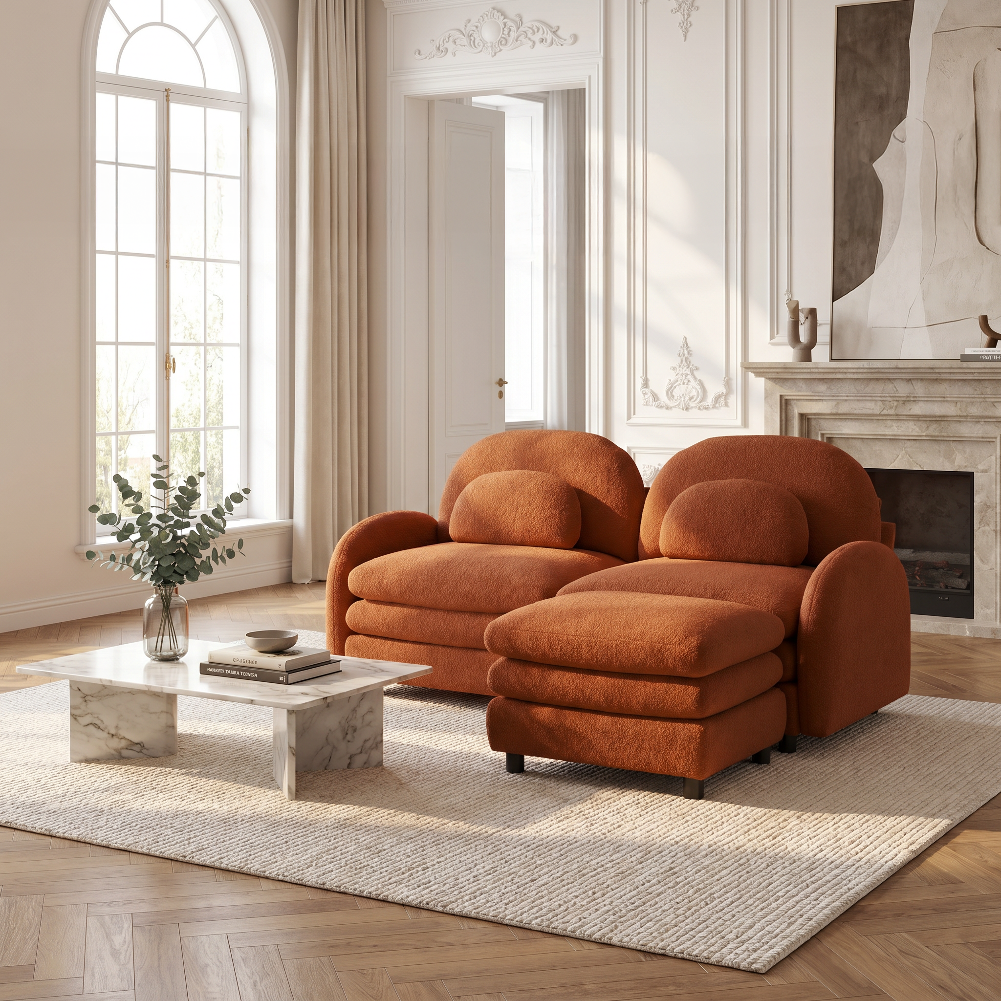 Ventura orange modular sofa in bright living room with arched windows and marble fireplace