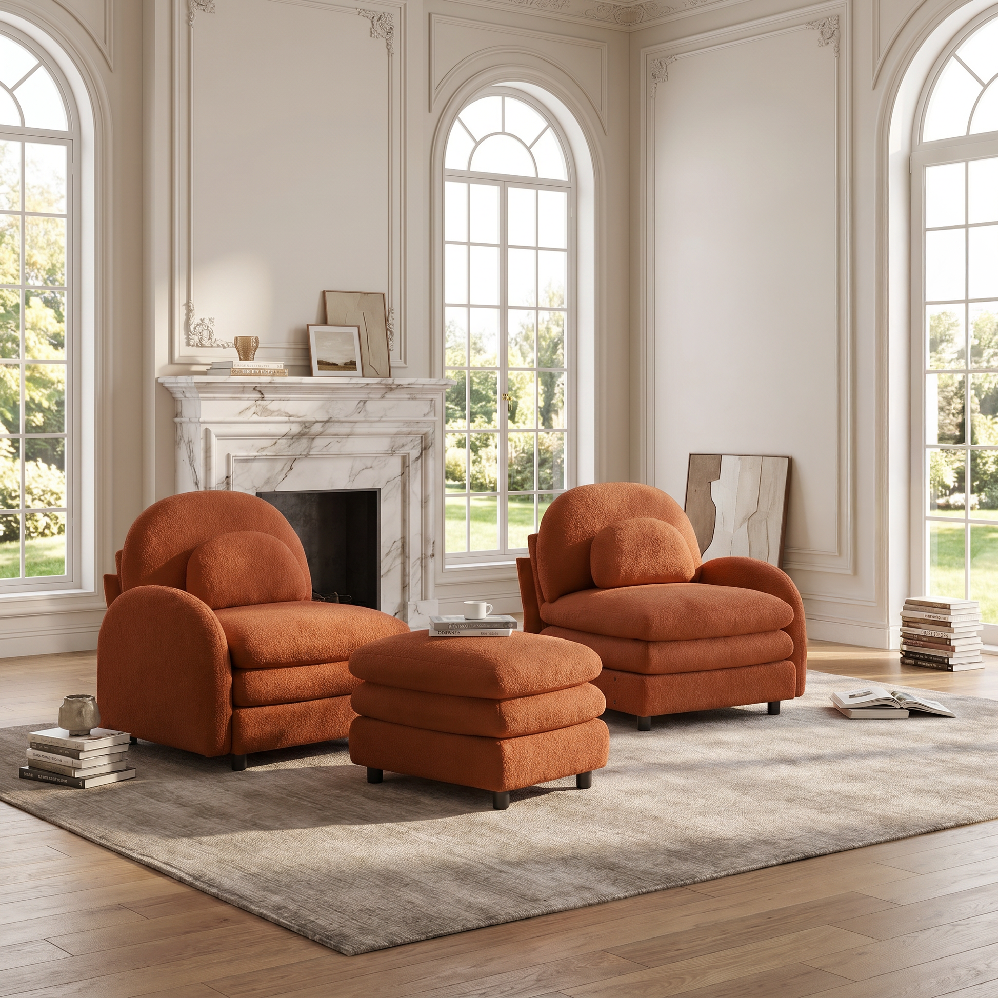 Ventura orange modular sofa in elegant living room with arched windows and marble fireplace