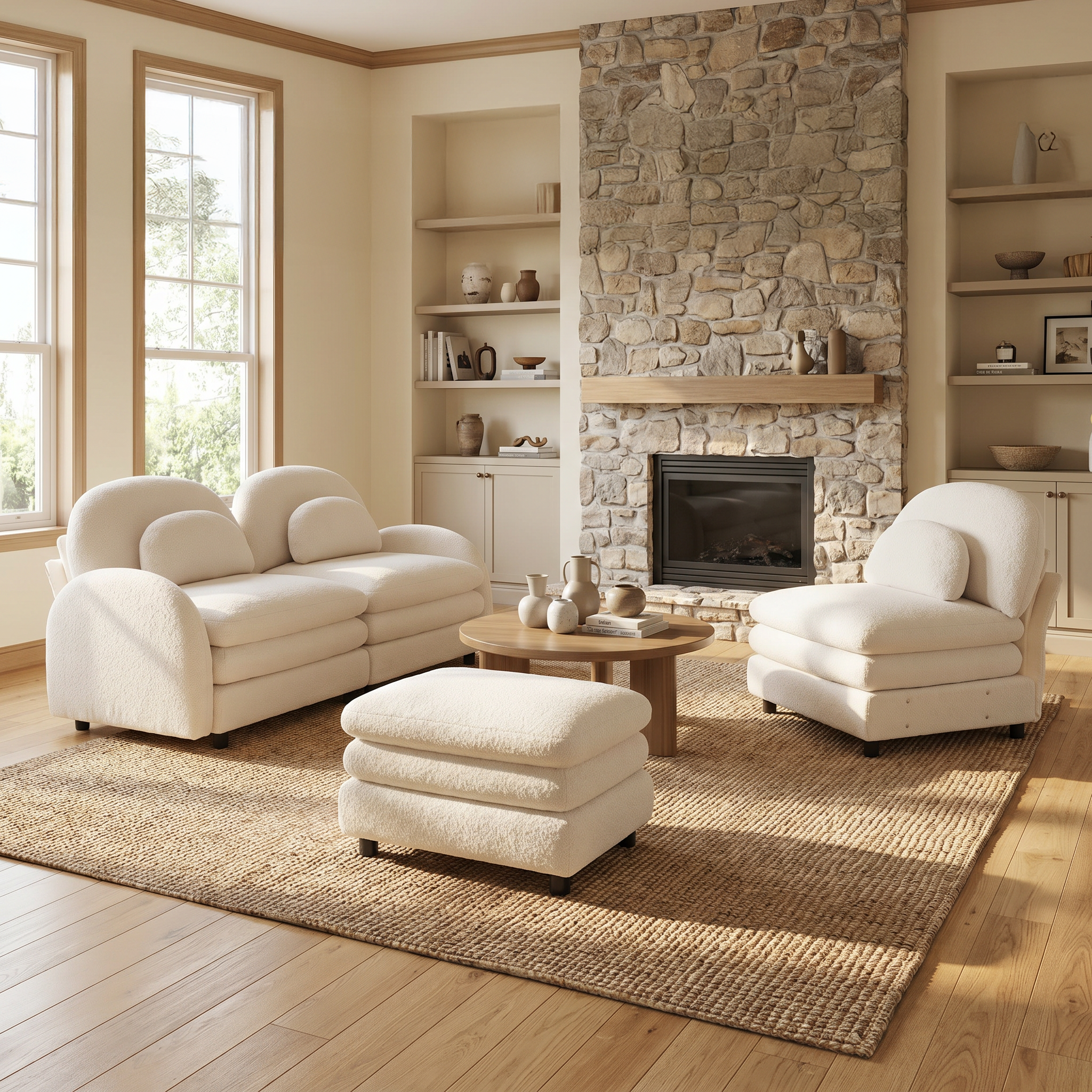 Ventura beige sectional sofa set in cozy living room with stone fireplace and wood shelving