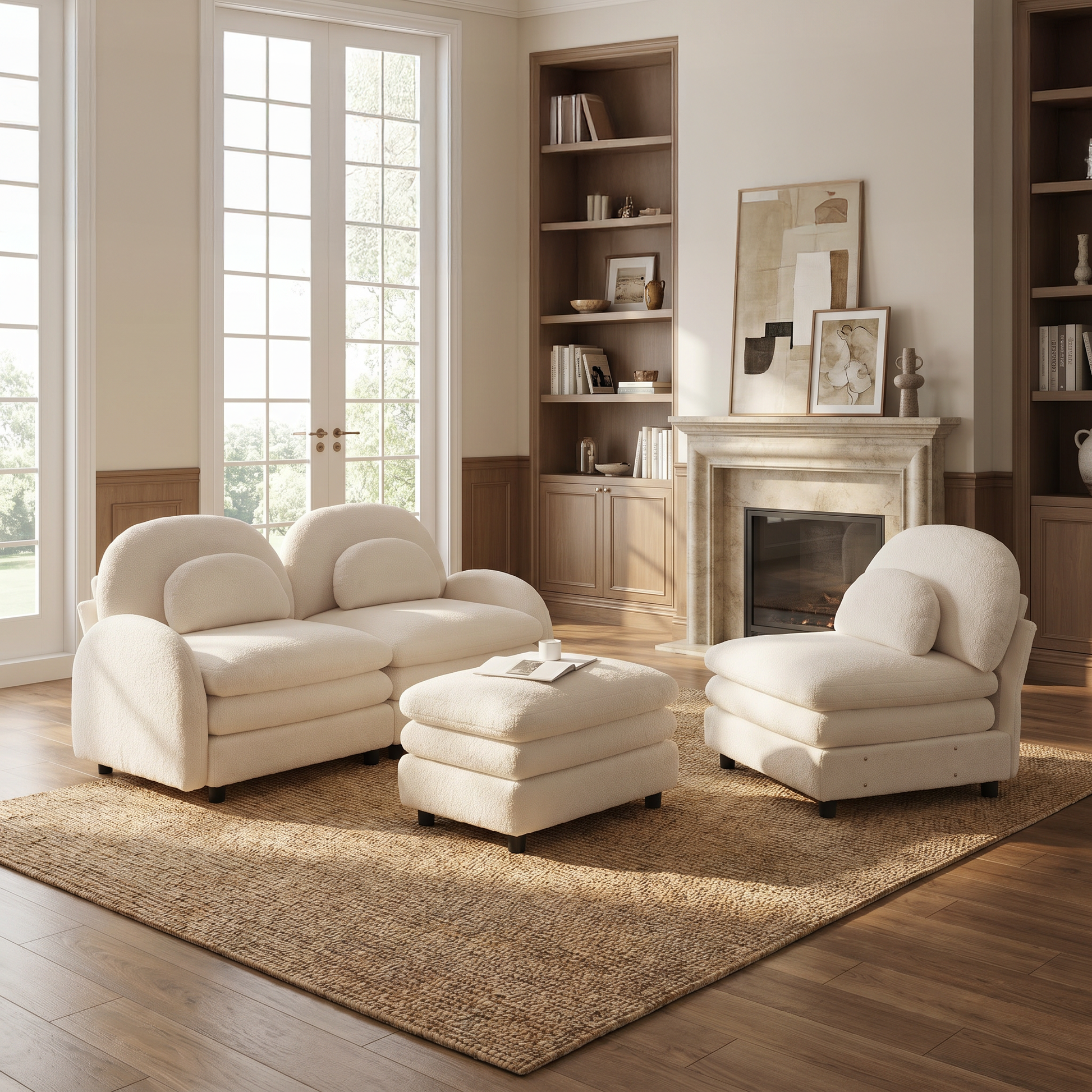 Ventura beige sectional sofa and ottoman in warm living room with fireplace and tall windows