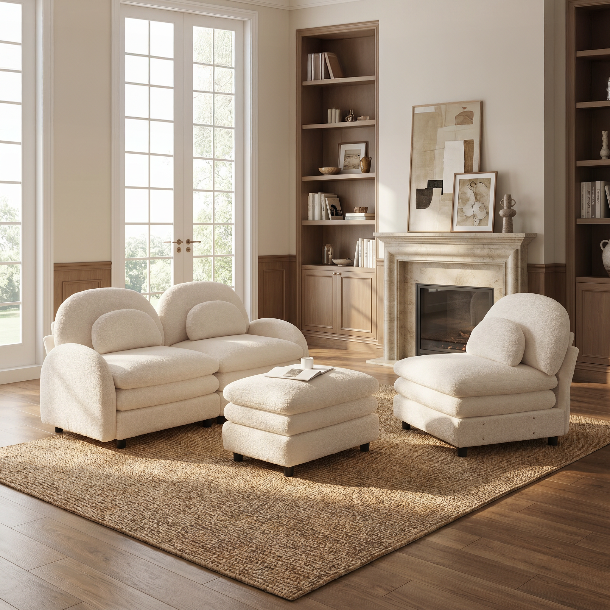 Ventura beige sectional sofa and ottoman in warm living room with fireplace and tall windows