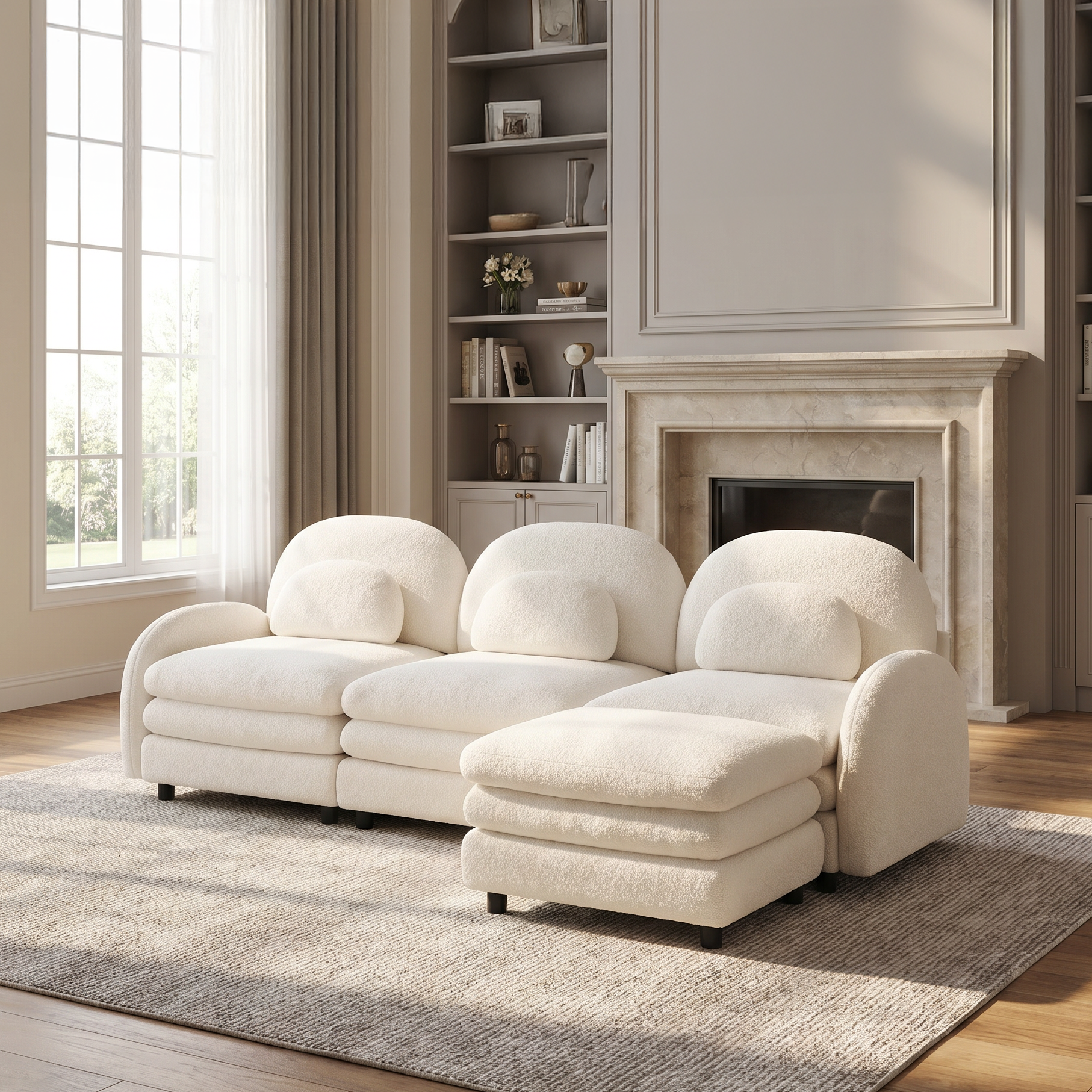 Ventura beige sectional sofa in bright living room with fireplace and built-in shelves