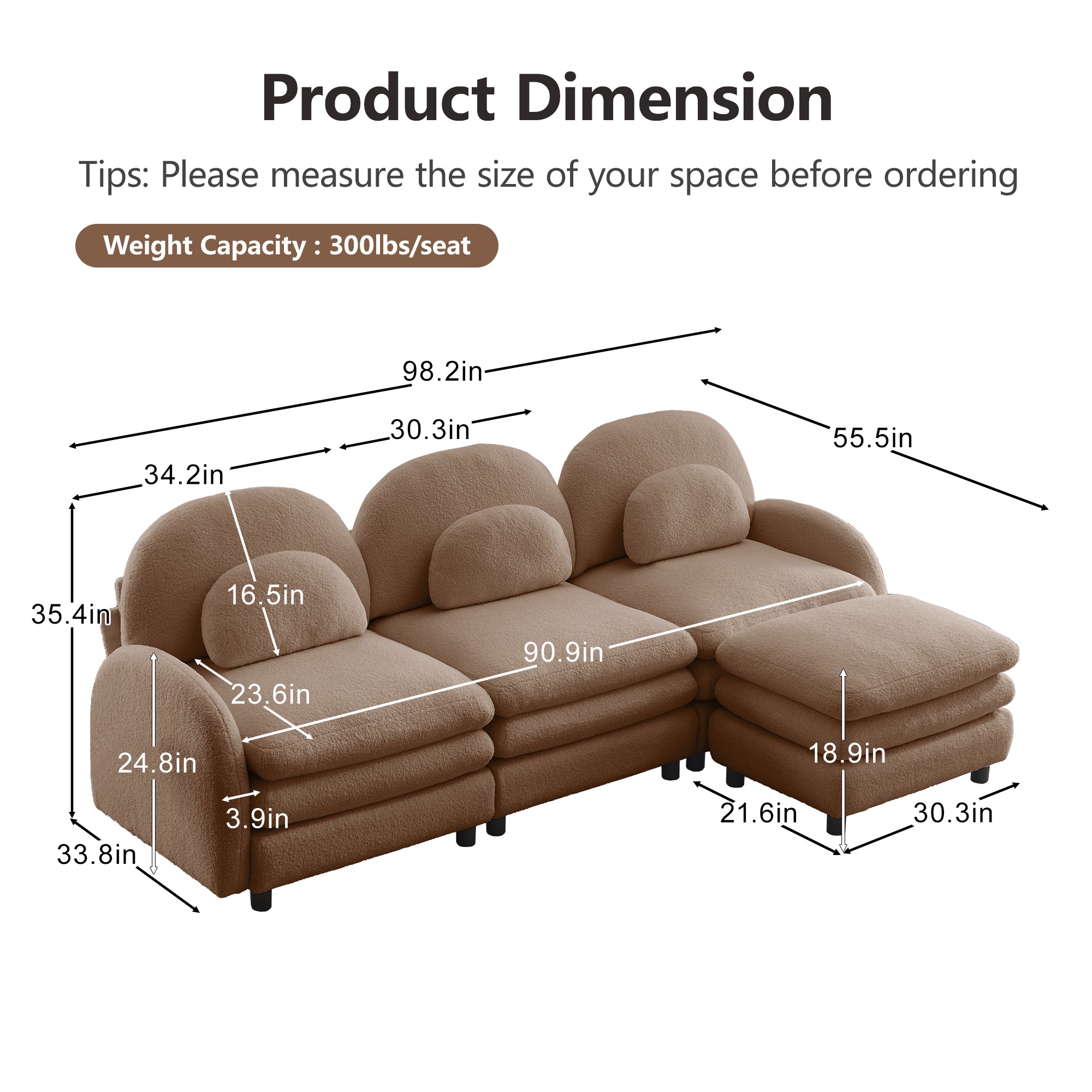 Ventura camel sectional sofa showing product dimensions and measurements