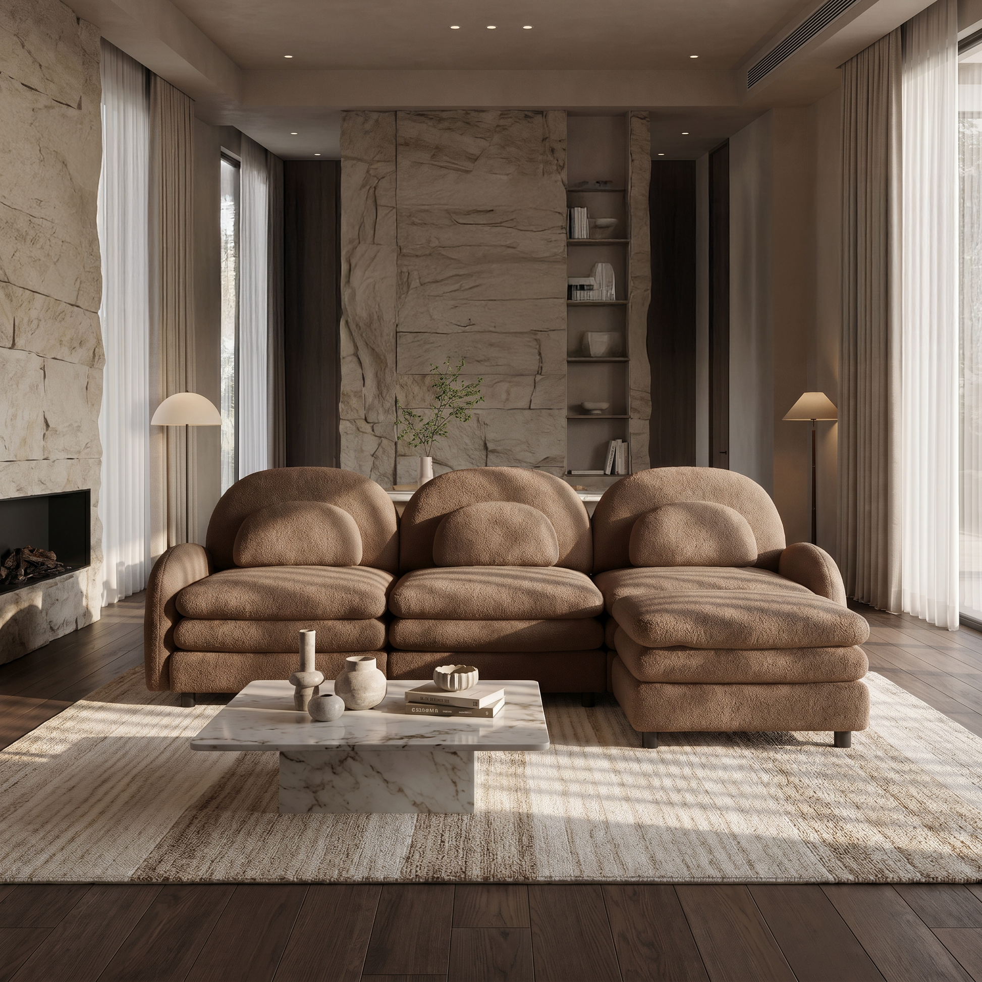 Ventura camel sectional sofa in modern living room with marble wall and floor-to-ceiling curtains