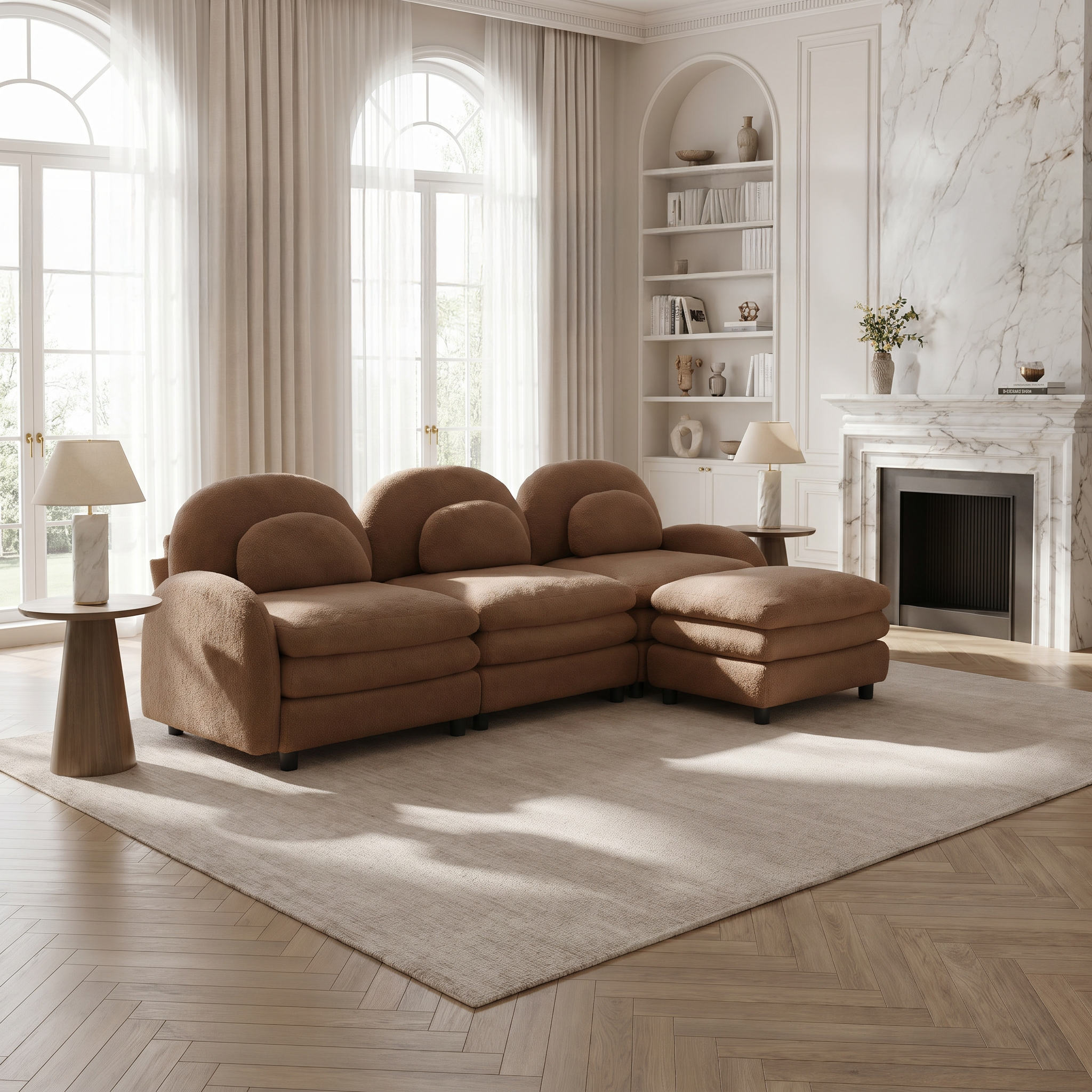 Ventura camel sectional sofa in bright living room with arched windows and fireplace