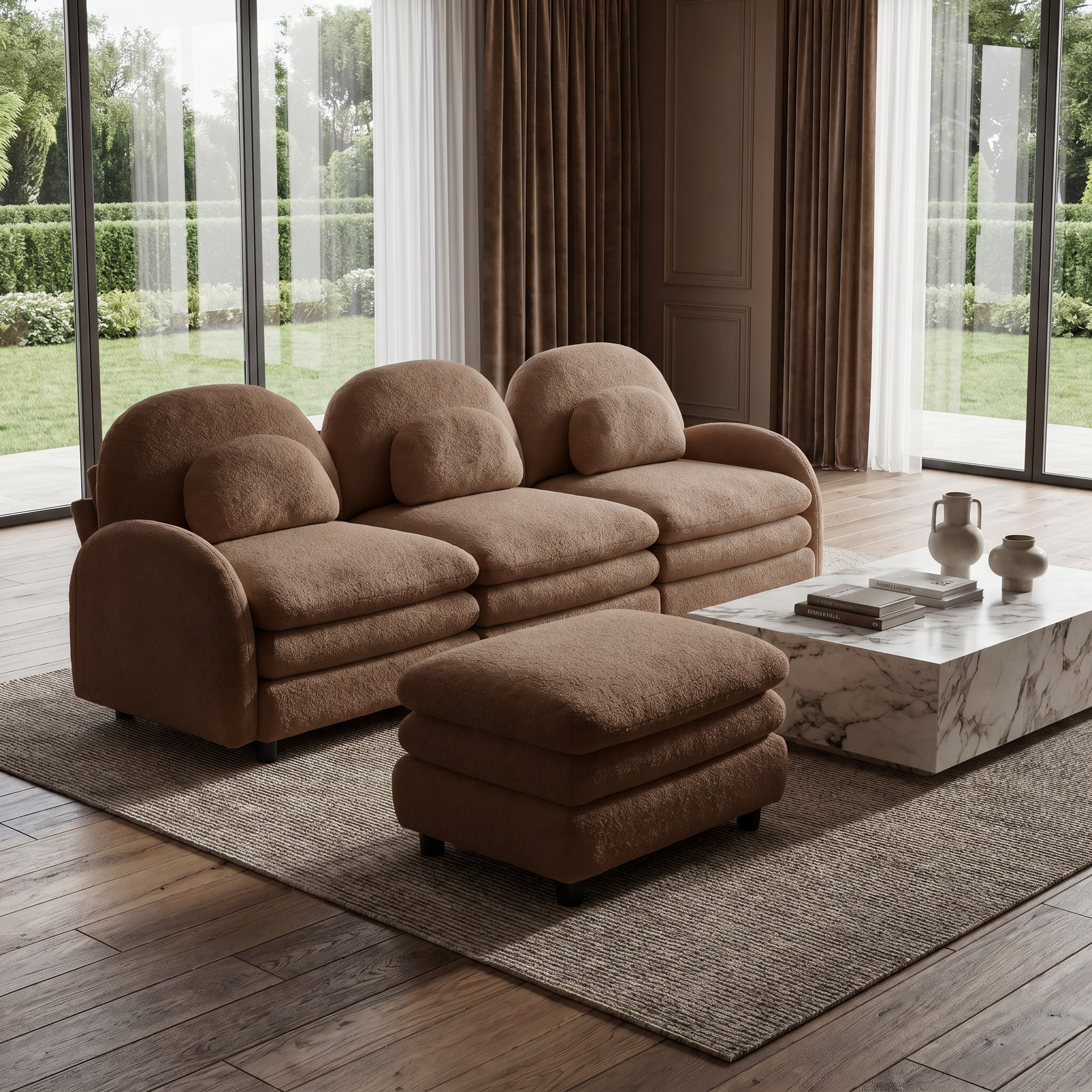 Ventura camel sectional sofa in contemporary living room with floor-to-ceiling windows