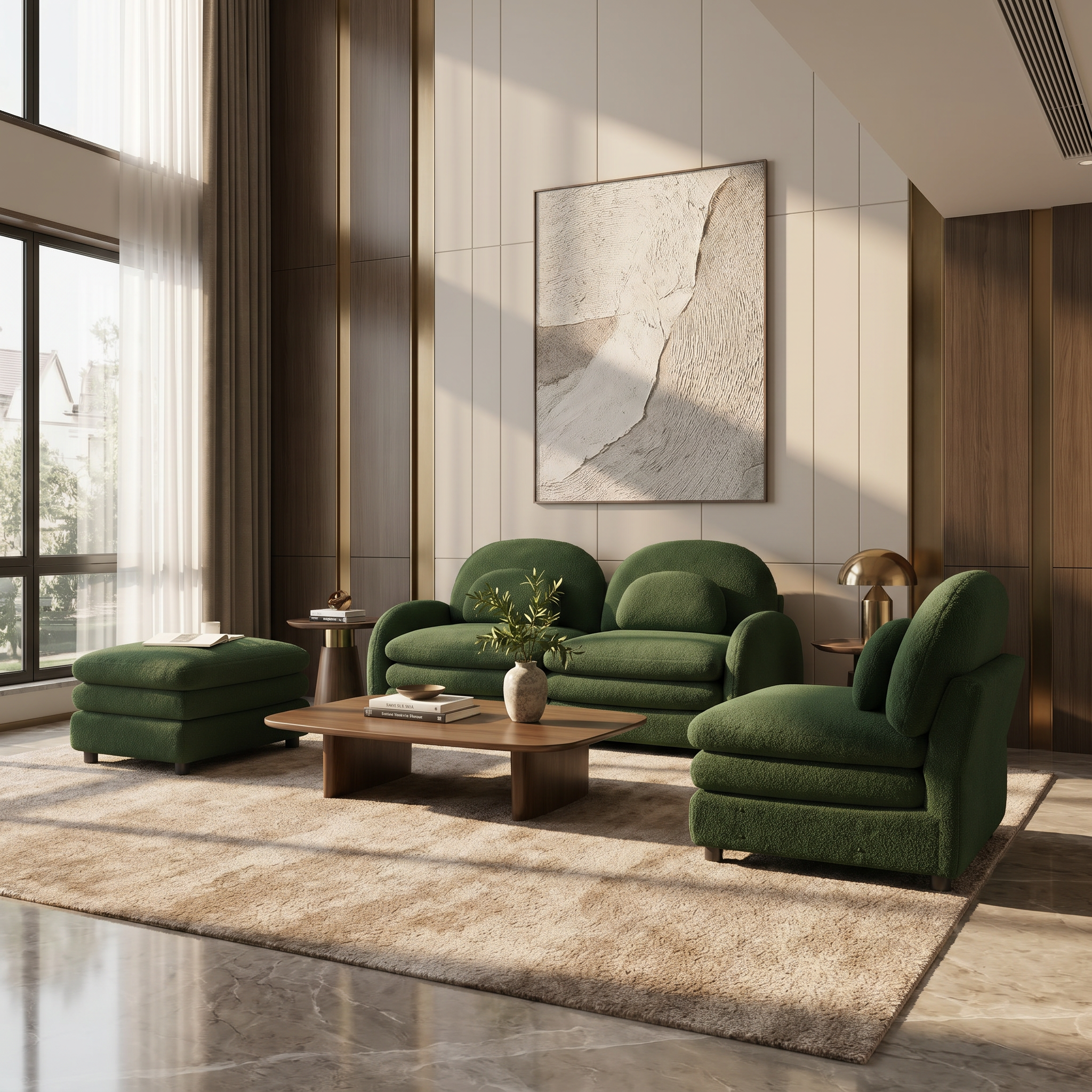 Ventura green sectional sofa in modern living room with marble flooring and warm sunlight
