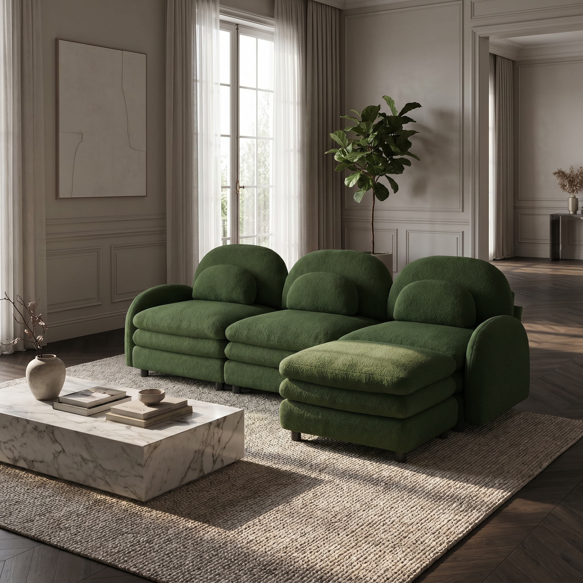 Ventura green sectional sofa in elegant living room with tall windows and marble coffee table