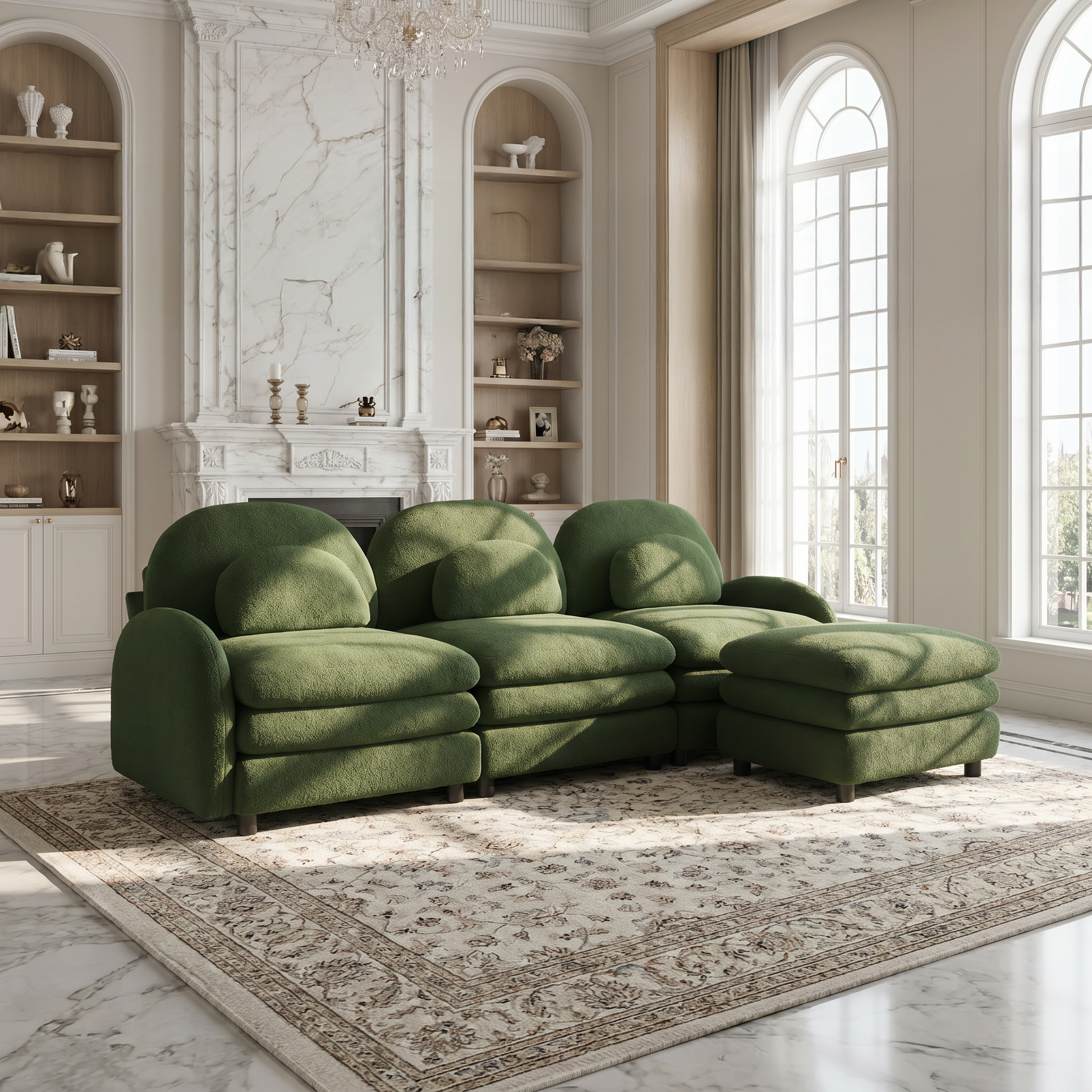 Ventura green sectional sofa in bright living room with arched windows and marble fireplace