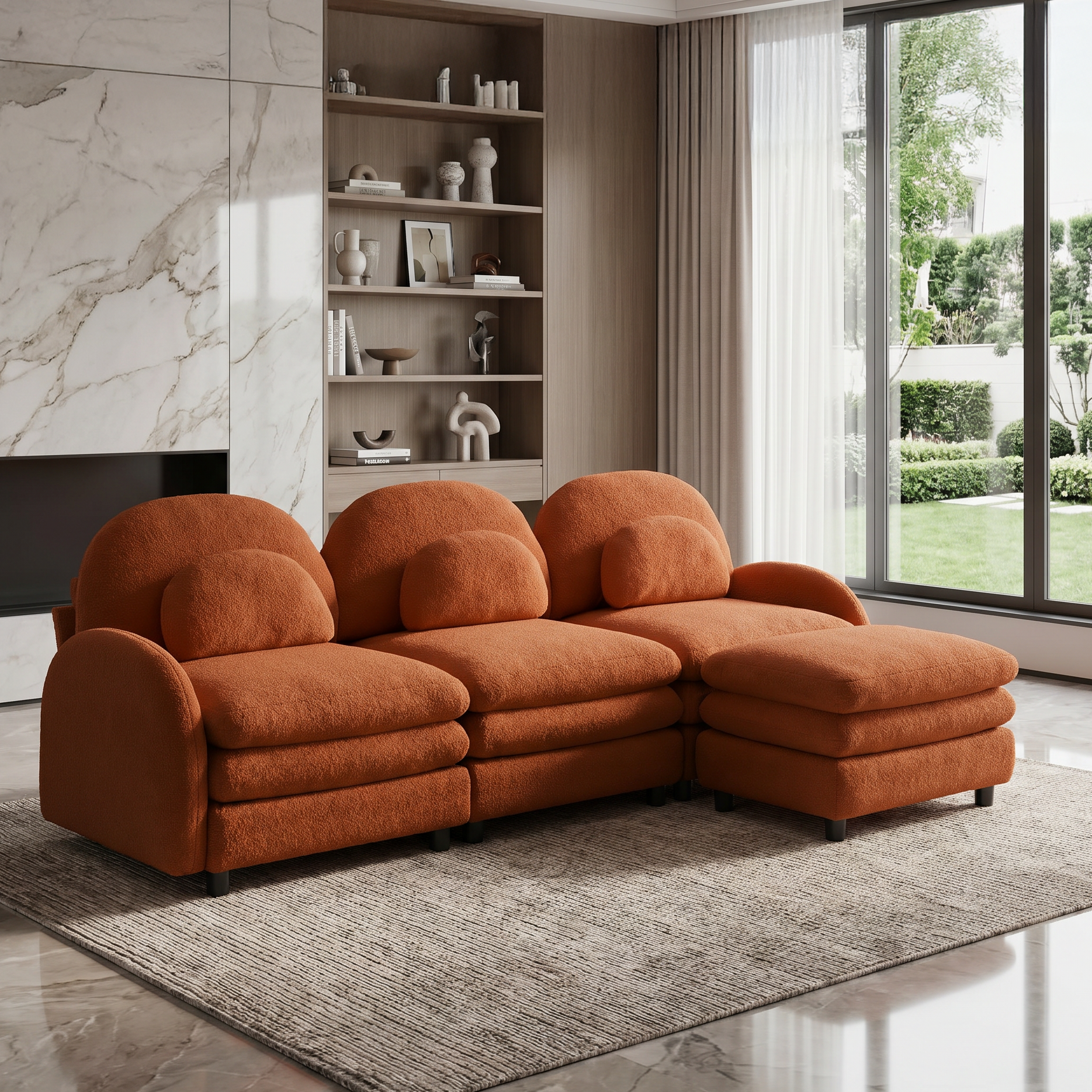 Ventura orange sectional sofa in modern living room with marble wall and large windows