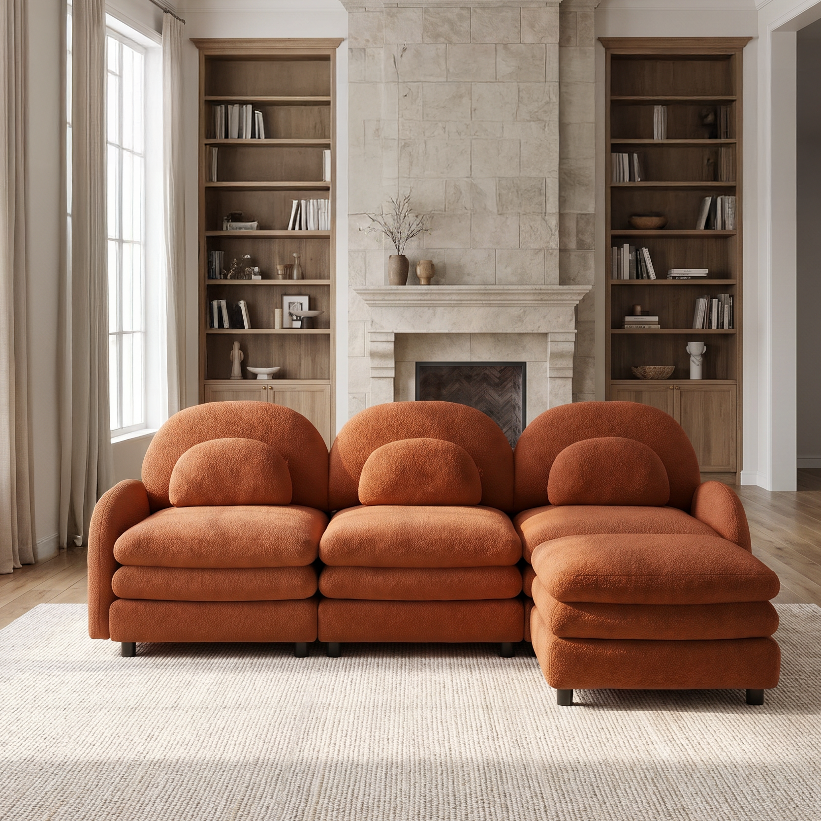 Ventura orange sectional sofa in cozy living room with stone fireplace and wood shelving