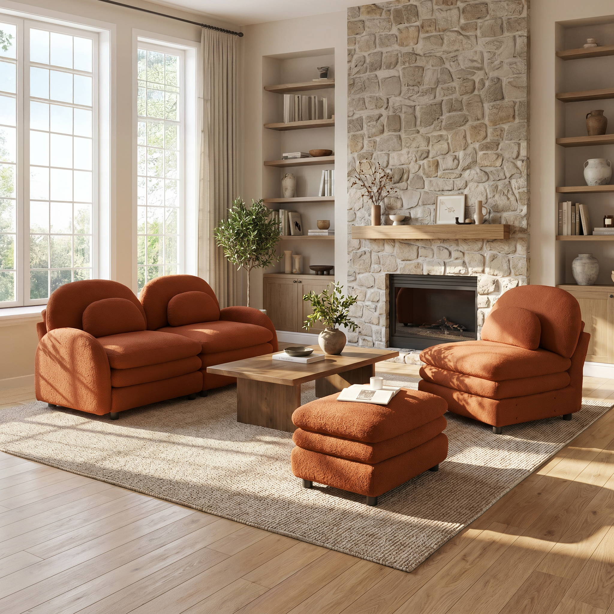 Ventura orange sectional sofa set in bright living room with stone fireplace and coffee table