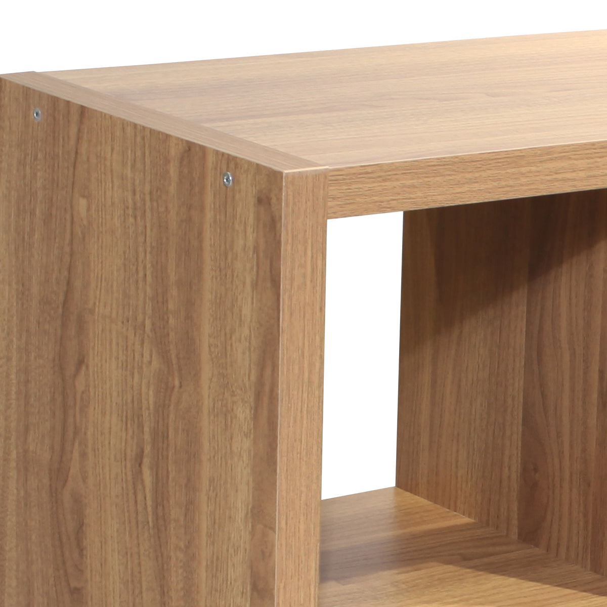 Verse walnut cube bookcase showing wood frame corner detail
