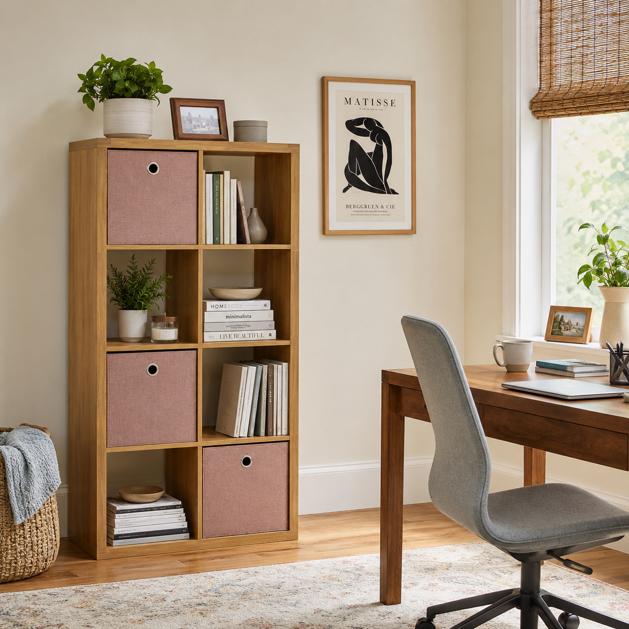 Verse walnut cube bookcase showing vertical storage with books and decor in a home office