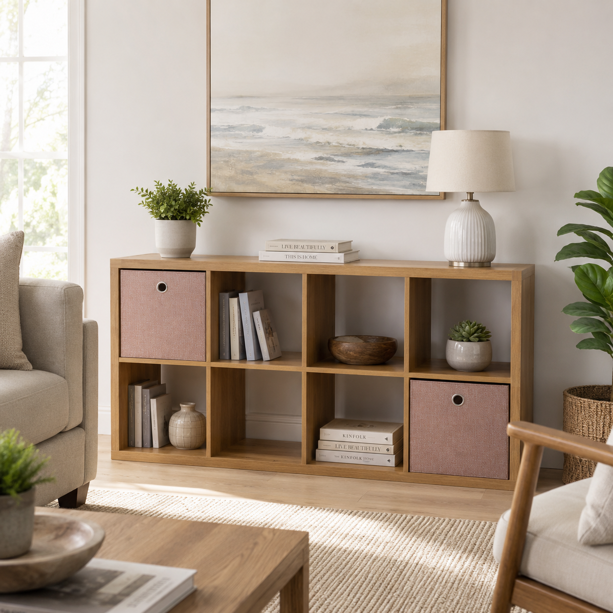Verse walnut cube bookcase showing horizontal storage with books plants and decorative objects