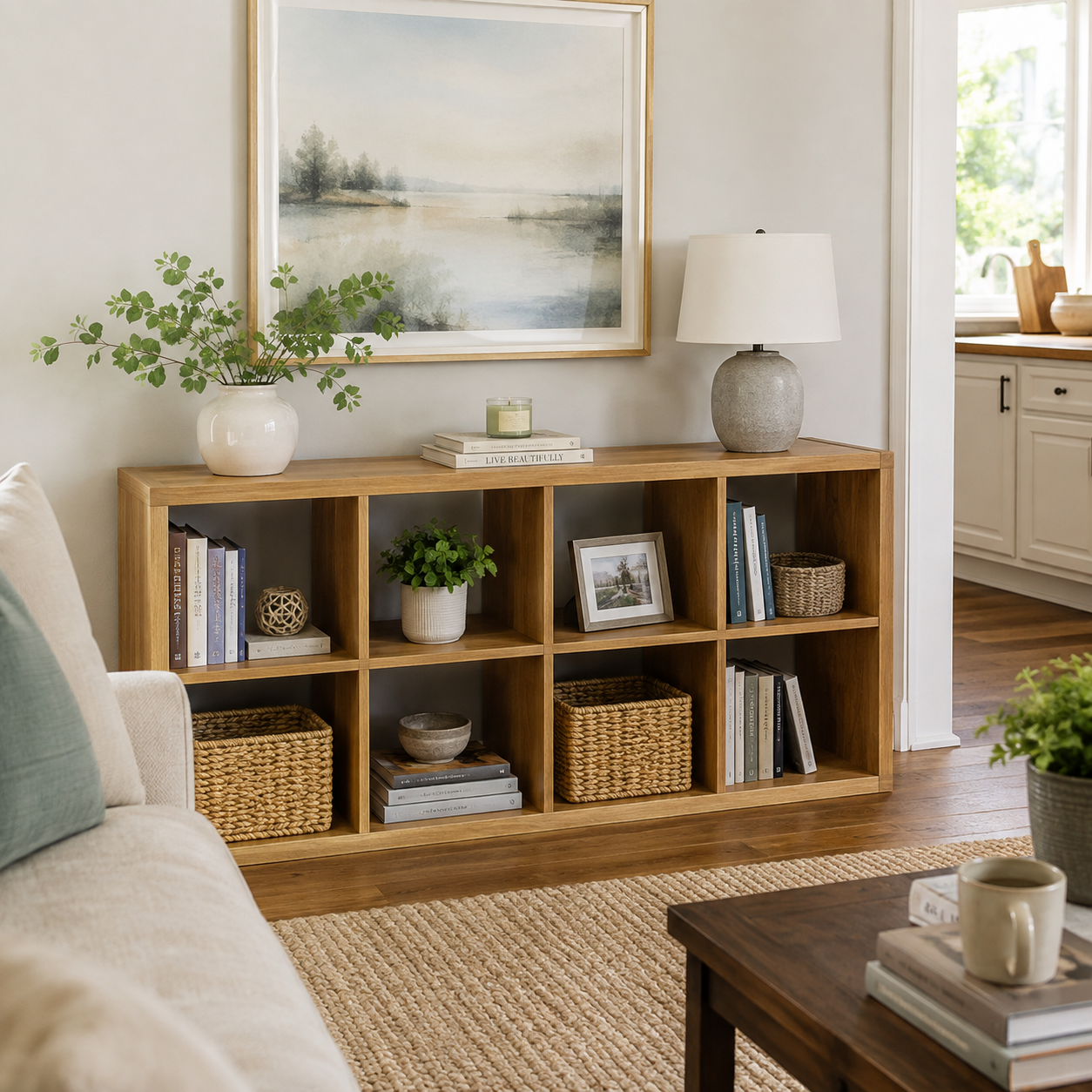 Verse walnut cube bookcase showing horizontal organization behind a sofa with books and plants