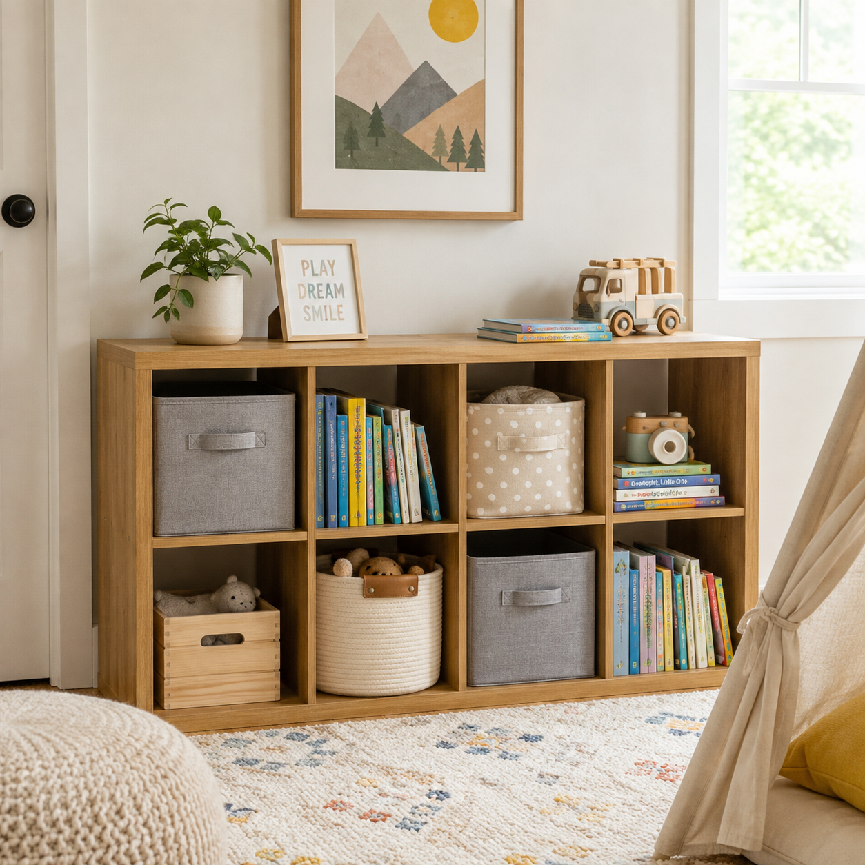Verse walnut cube bookcase showing horizontal storage for books baskets and toys in a playroom