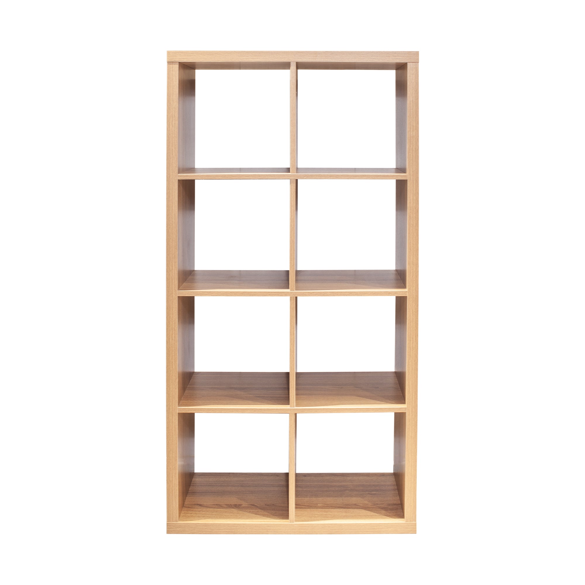 Verse walnut cube bookcase showing the front view in a vertical eight-cube configuration
