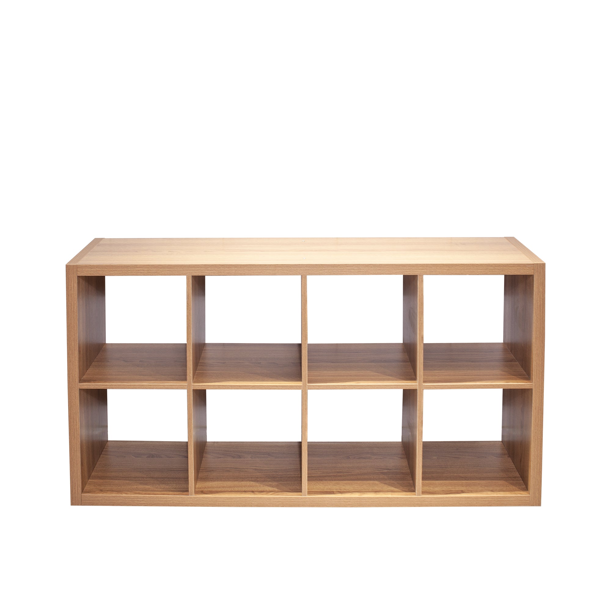 Verse walnut cube bookcase showing the front view in a horizontal eight-cube configuration