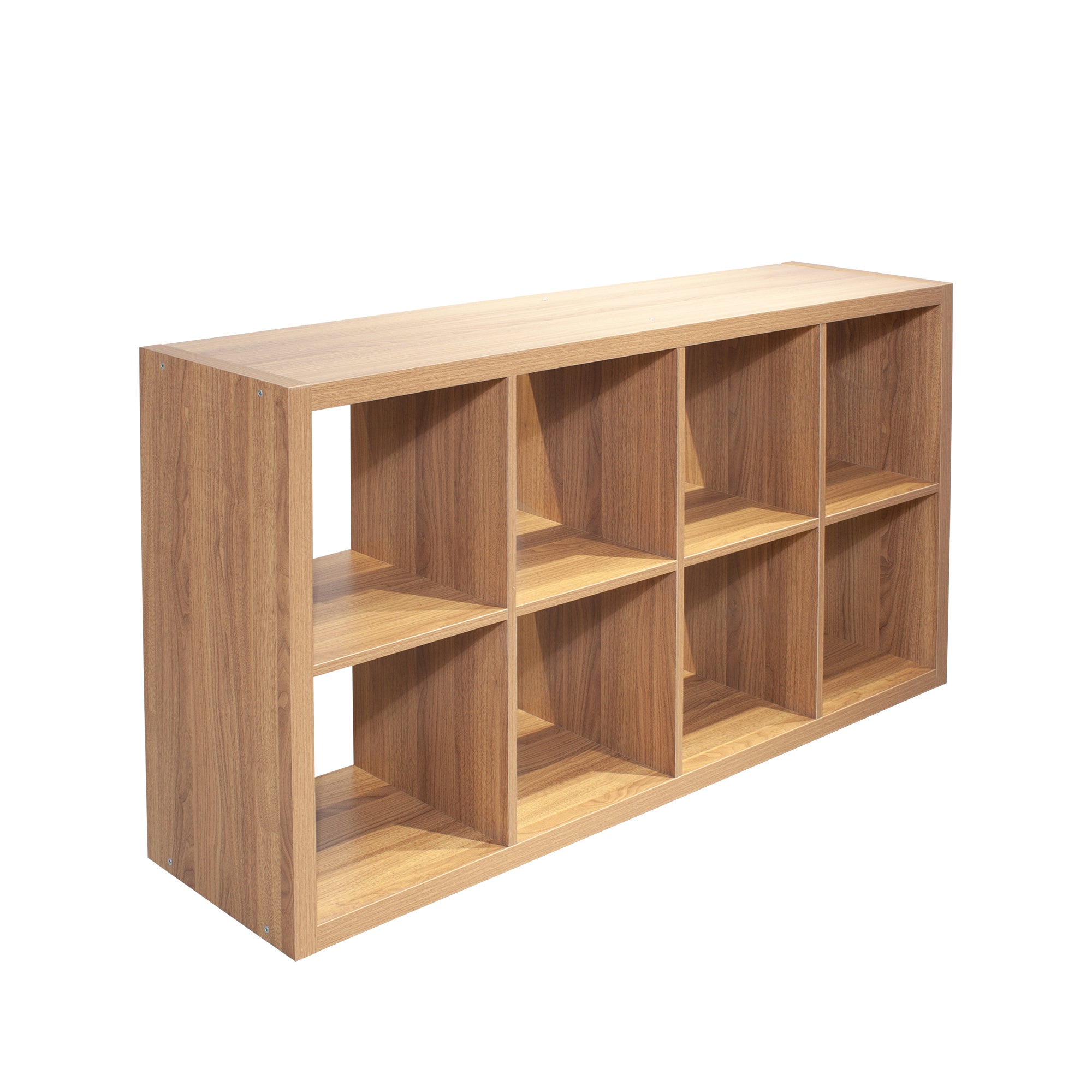 Verse walnut cube bookcase showing an angled view in the horizontal storage configuration