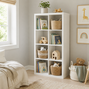 Verse white cube bookcase showing vertical storage with books baskets and decor in a bright bedroom