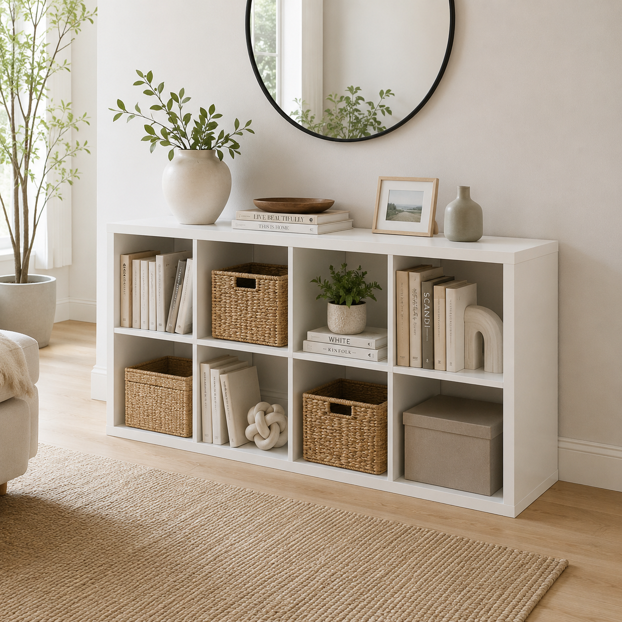 Verse white cube bookcase showing horizontal storage beneath a round mirror in a living room