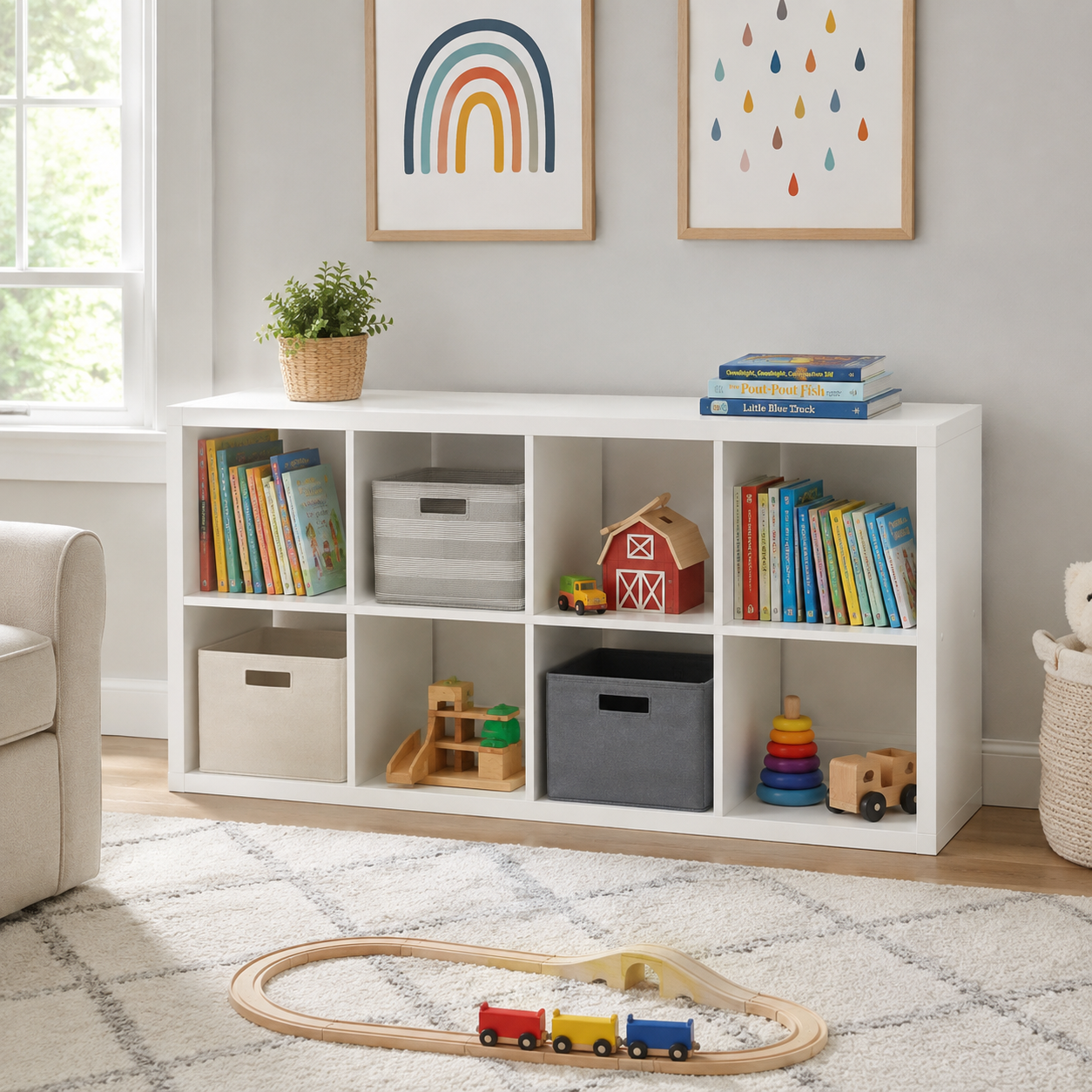 Verse white cube bookcase showing horizontal organization for toys books and storage bins