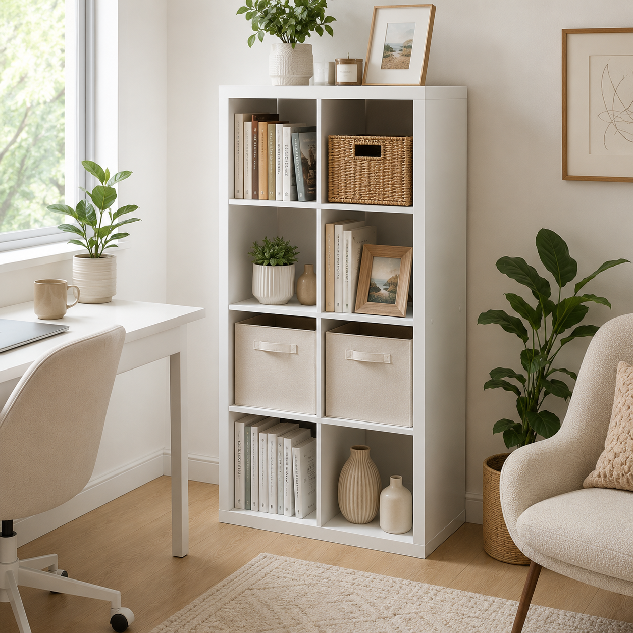 Verse white cube bookcase showing vertical storage beside an armchair and indoor plant