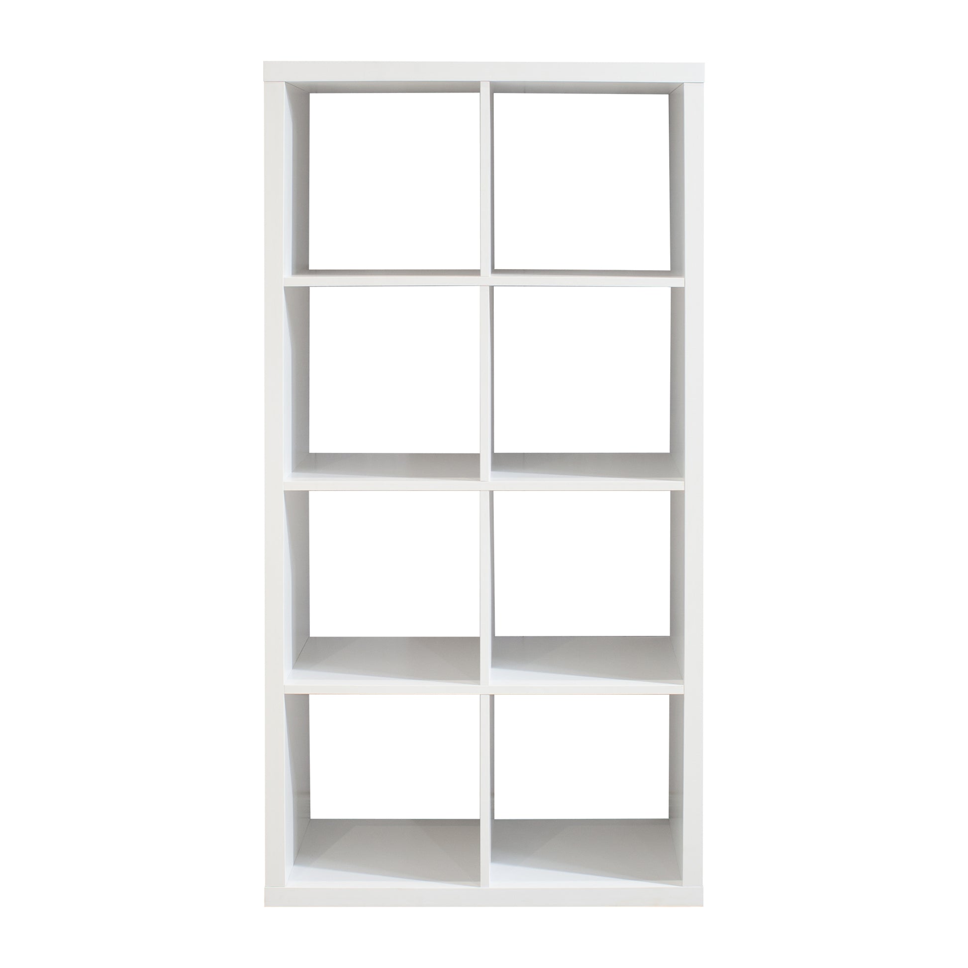 Verse white cube bookcase showing the front view in a vertical eight-cube configuration