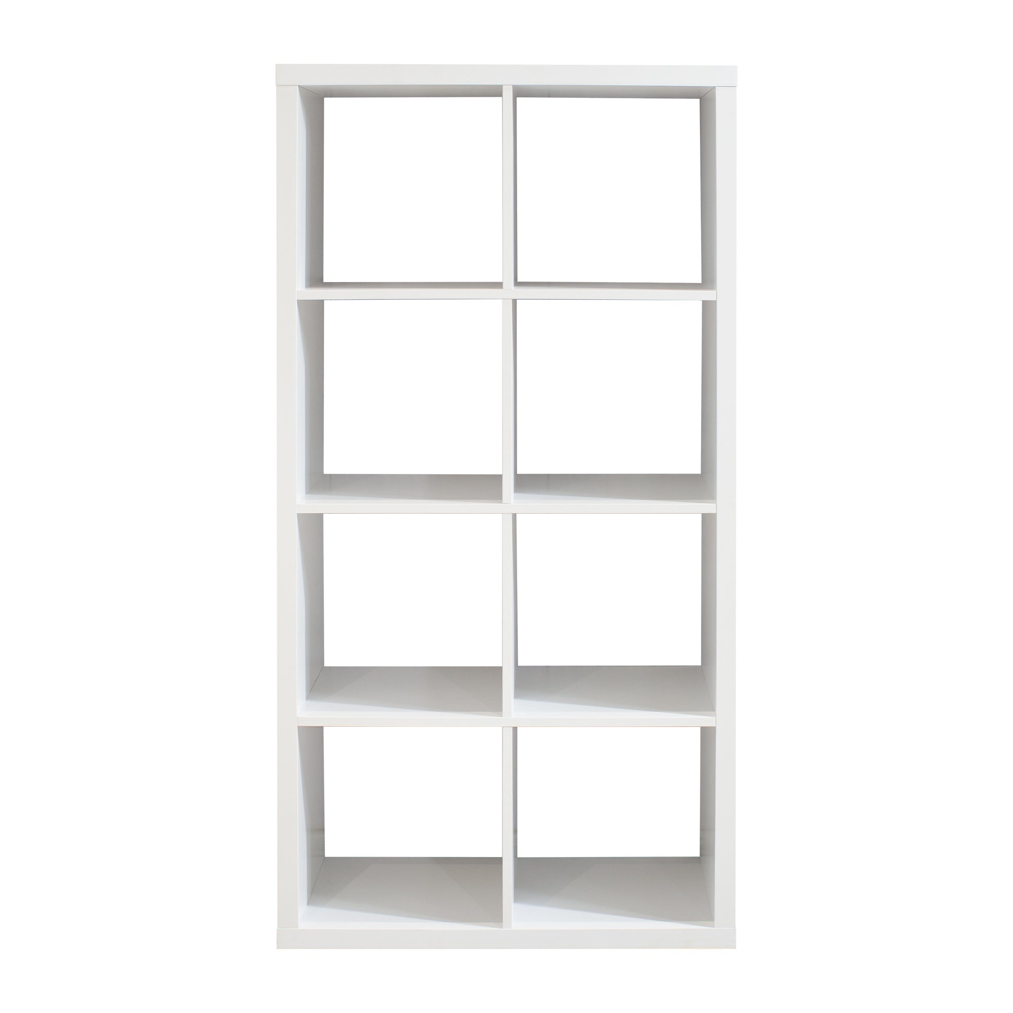 Verse white cube bookcase showing the front view in a vertical eight-cube configuration