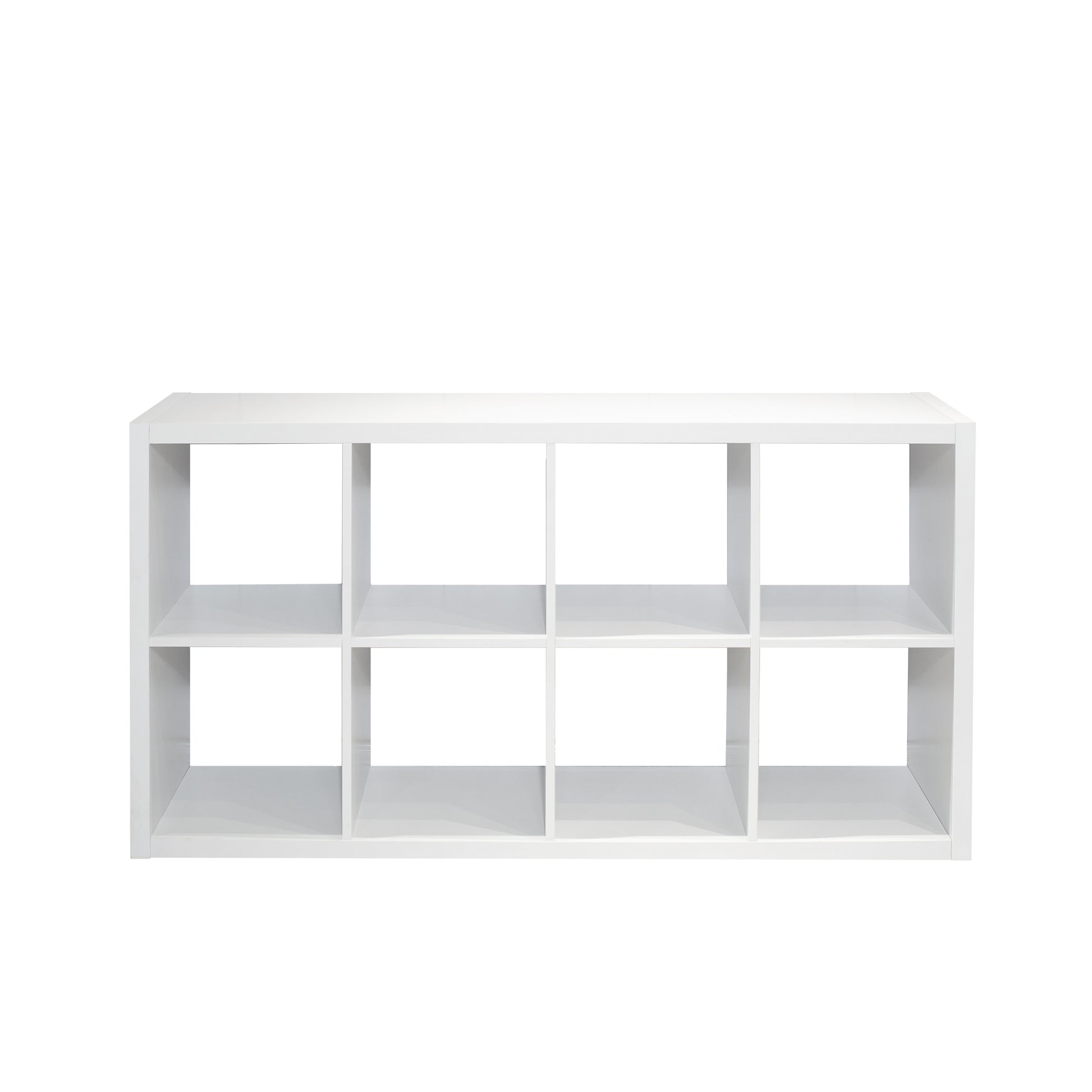 Verse white cube bookcase showing the front view in a horizontal eight-cube configuration